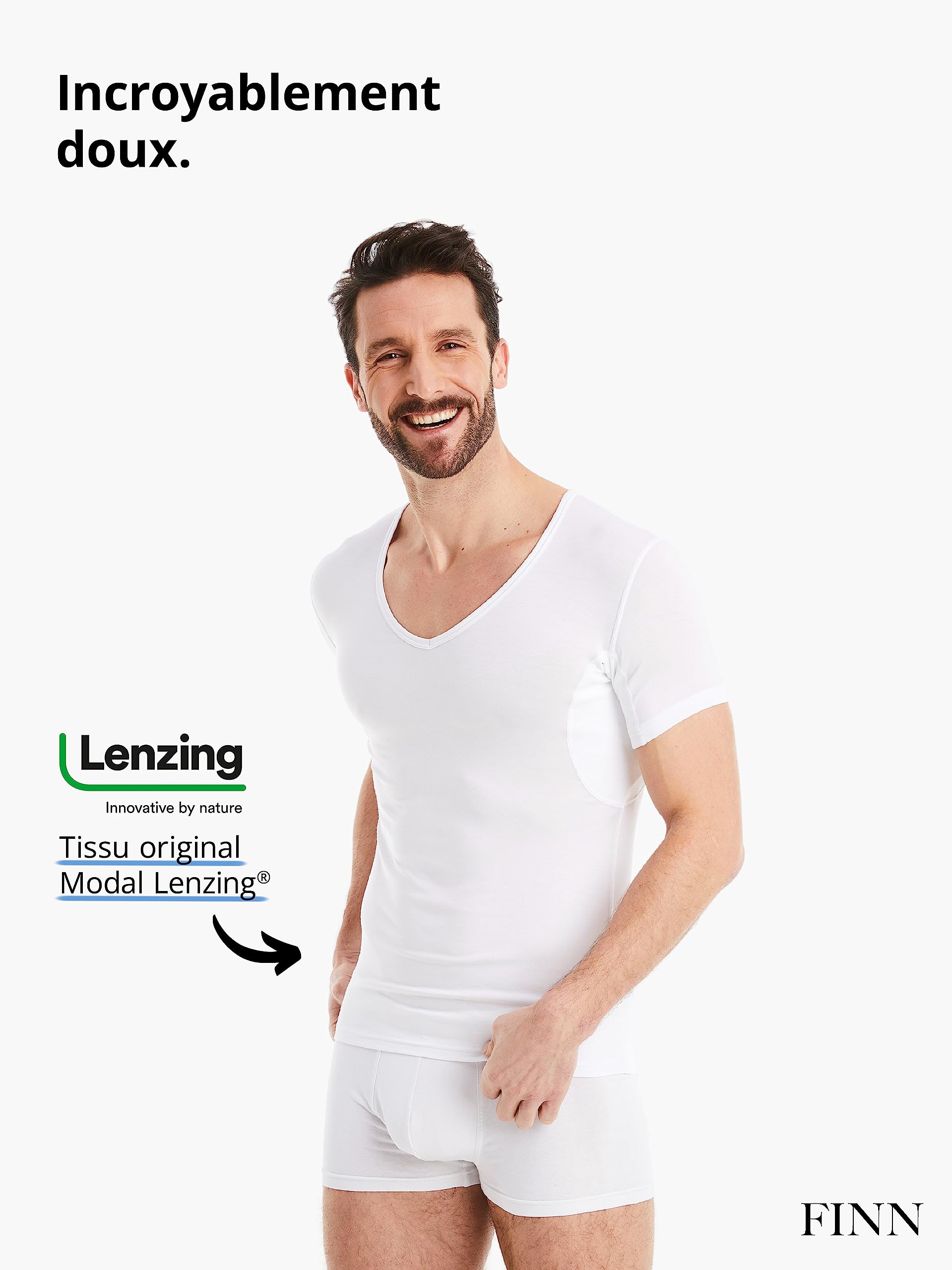 FINN T-Shirt Anti-Transpiration pour Hommes avec col en V et Patchs intégrés aux aisselles pour la Forte Transpiration - Maillot de Corps Contre Les odeurs et Les Taches de Sueur