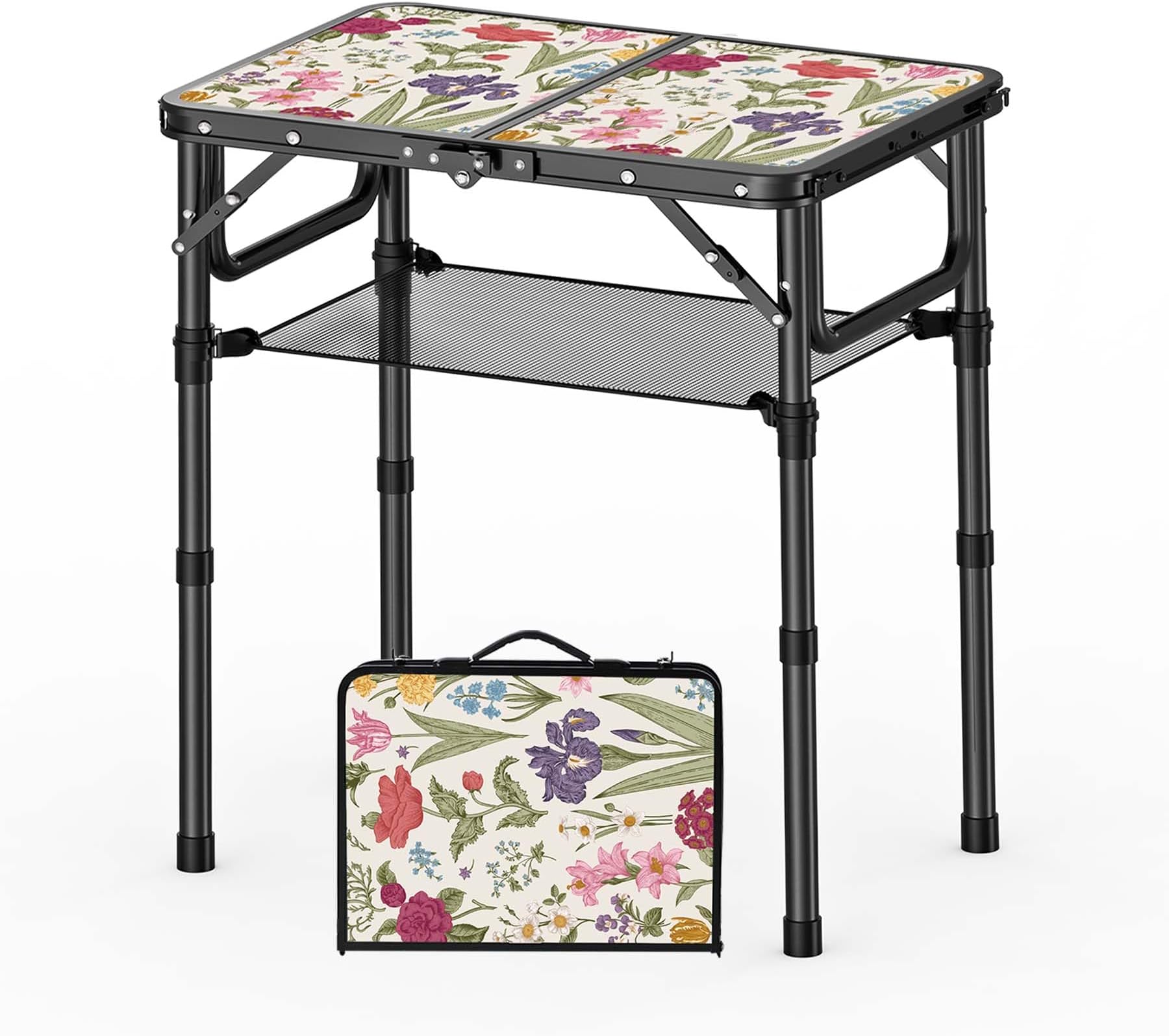 YihuiKo Small Camping Table, Vintage French Flowers Pattern Folding Table, Adjustable Height, Lightweight & Portable Outdoor Picnic Table with Carry Handle for Patio, Living Room, Travel