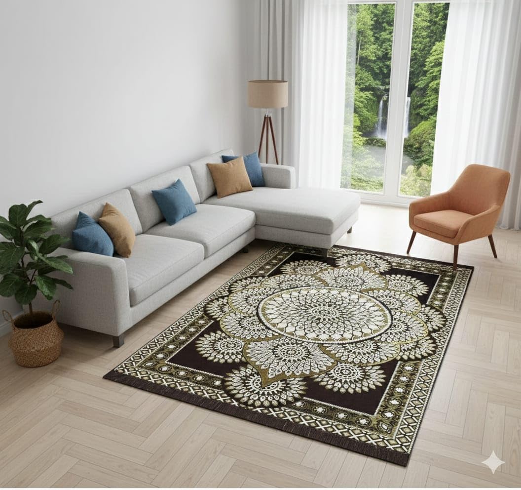 Cotton Carpet 5x7 Feet Soft Velvet Rug for Living Room, Hall & Bedroom | Floor Carpet for Home | Designer Dari 150x210 cm | Non-Slip, Trendy & Durable Kalin Reactangular (Coffee)-image-43