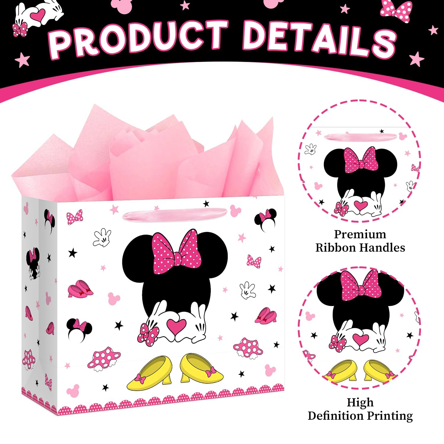 Reyoust 13" Large Cute Mouse Head Birthday Gift Bag with Tissue Paper and Greeting Card Mouse Themed Cartoon Party Gifts Bag with Handles Pink White Wrapping Paper Bags for Kids Girls Birthday
