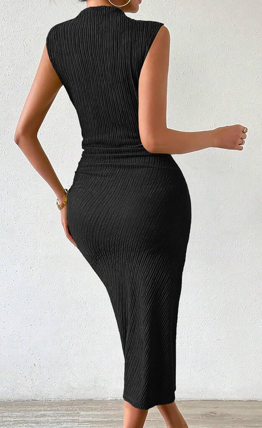 MITILLY Women Summer Formal Wedding Guest Dress Elegant High Neck Sleeveless Ruched Bodycon Midi Dress with Side Slit - Image 3