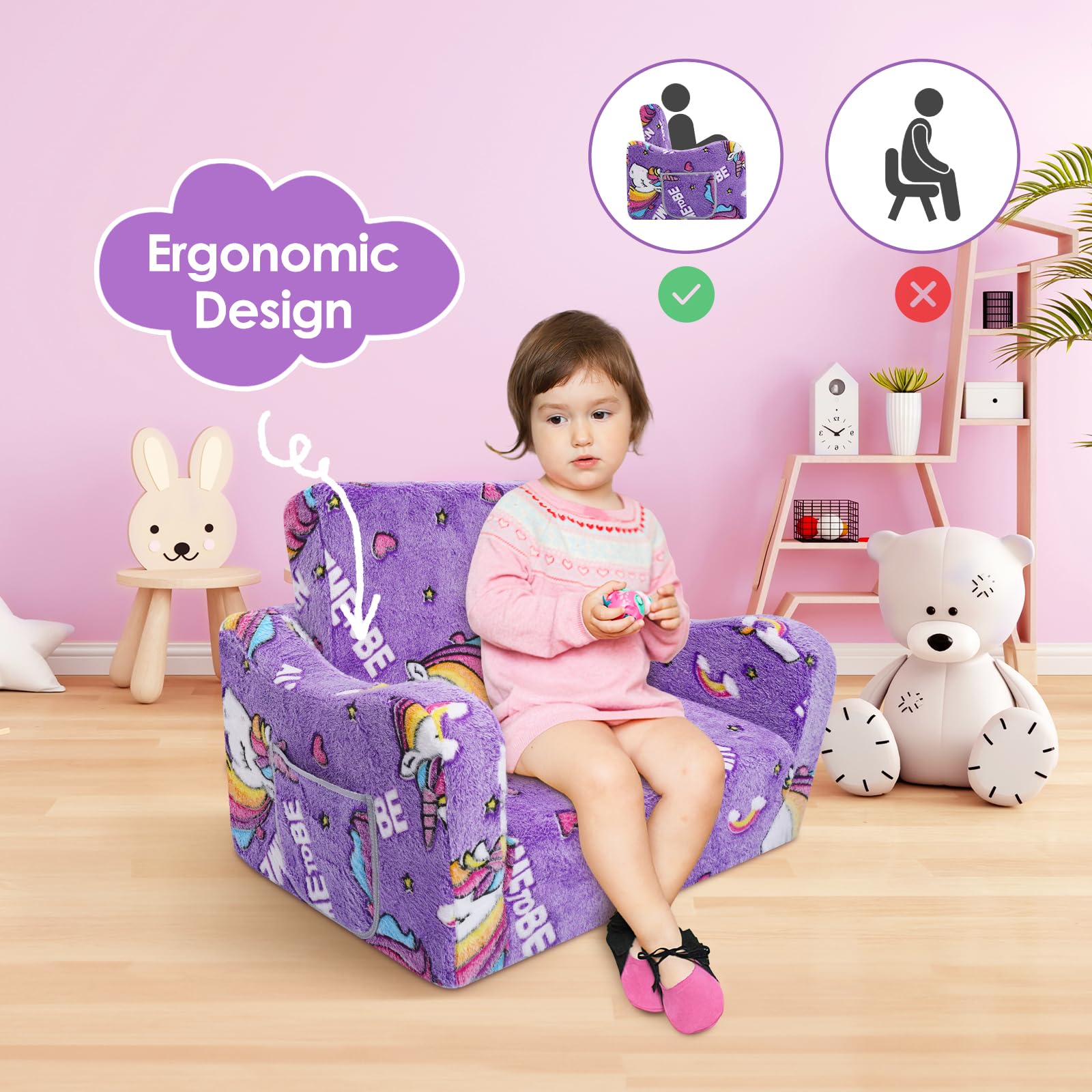 Divano Bambini Trasformabile 2-in-1,Stabile Poltroncina Pieghevole per Bambini Ragazze con Coperta ,Comoda Divano Letto per Bambini che Brillano nel Buio per Camere da Letto e Soggiorno,Unicorno Viola