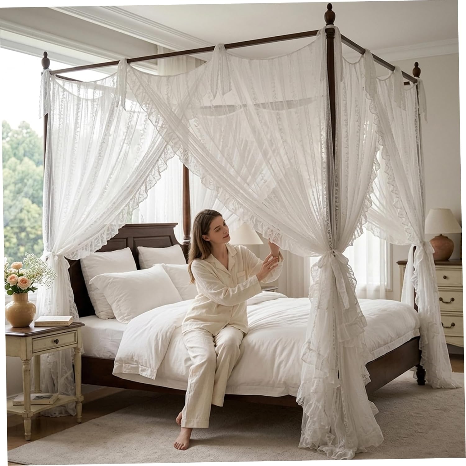 Bed Canopy, White Bed Curtains with 3 Openings Design, Canopy Curtains for Girls, Drapes for Decor