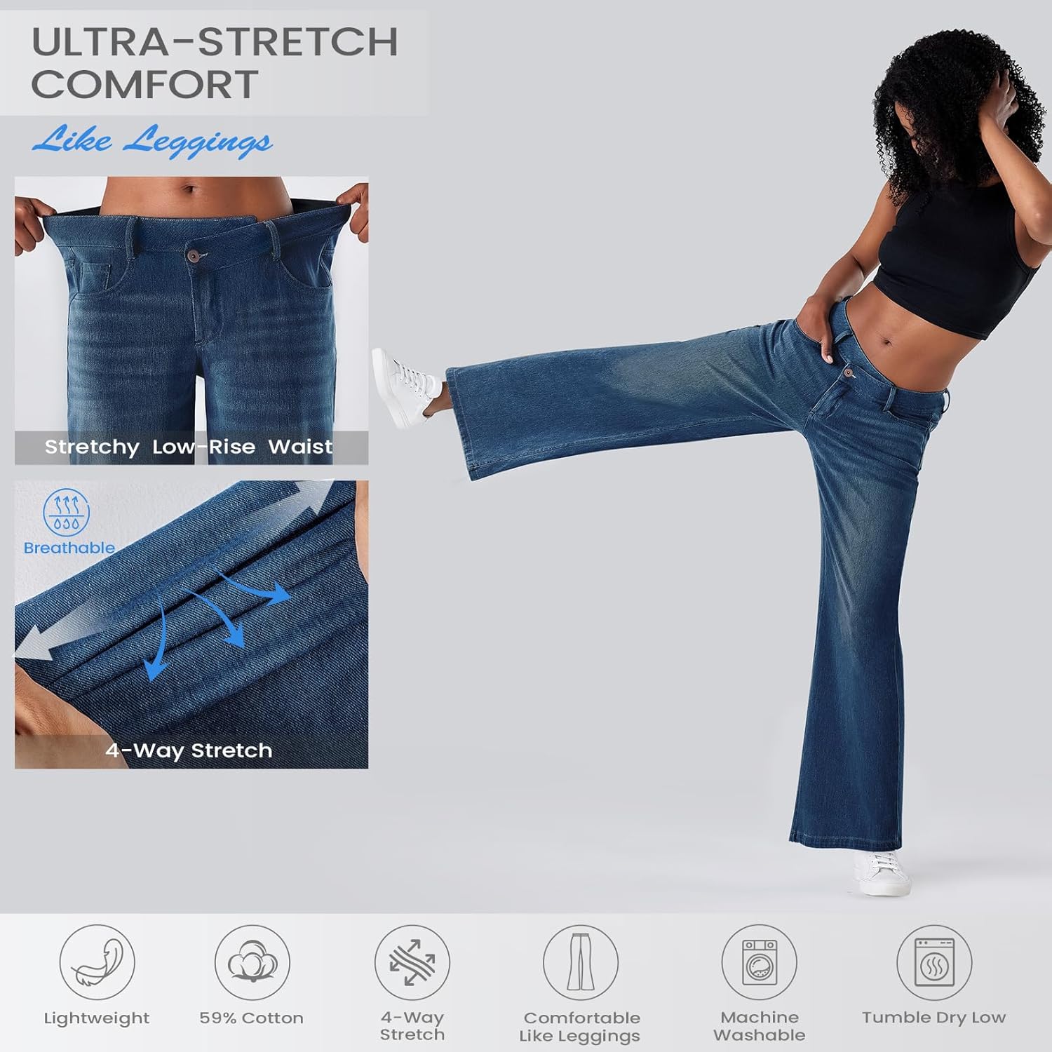 Fanica Women's Low Rise Wide Leg Jeans, Crossover Waist Stretchy Relaxed Fit Denim Pants - Image 6