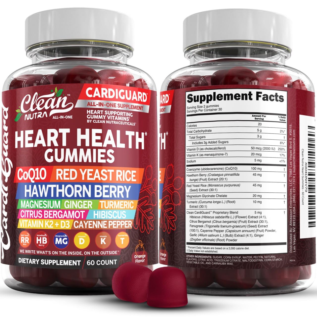 Clean Nutraceuticals Coq10 Gummies | Red Yeast Rice Hawthorn Berry Ginger Turmeric Citrus Bergamot Hibiscus Vitamin K2+D3 Magnesium Glycinate Cayenne Pepper Fenugreek Orange Flavor CardiGuard