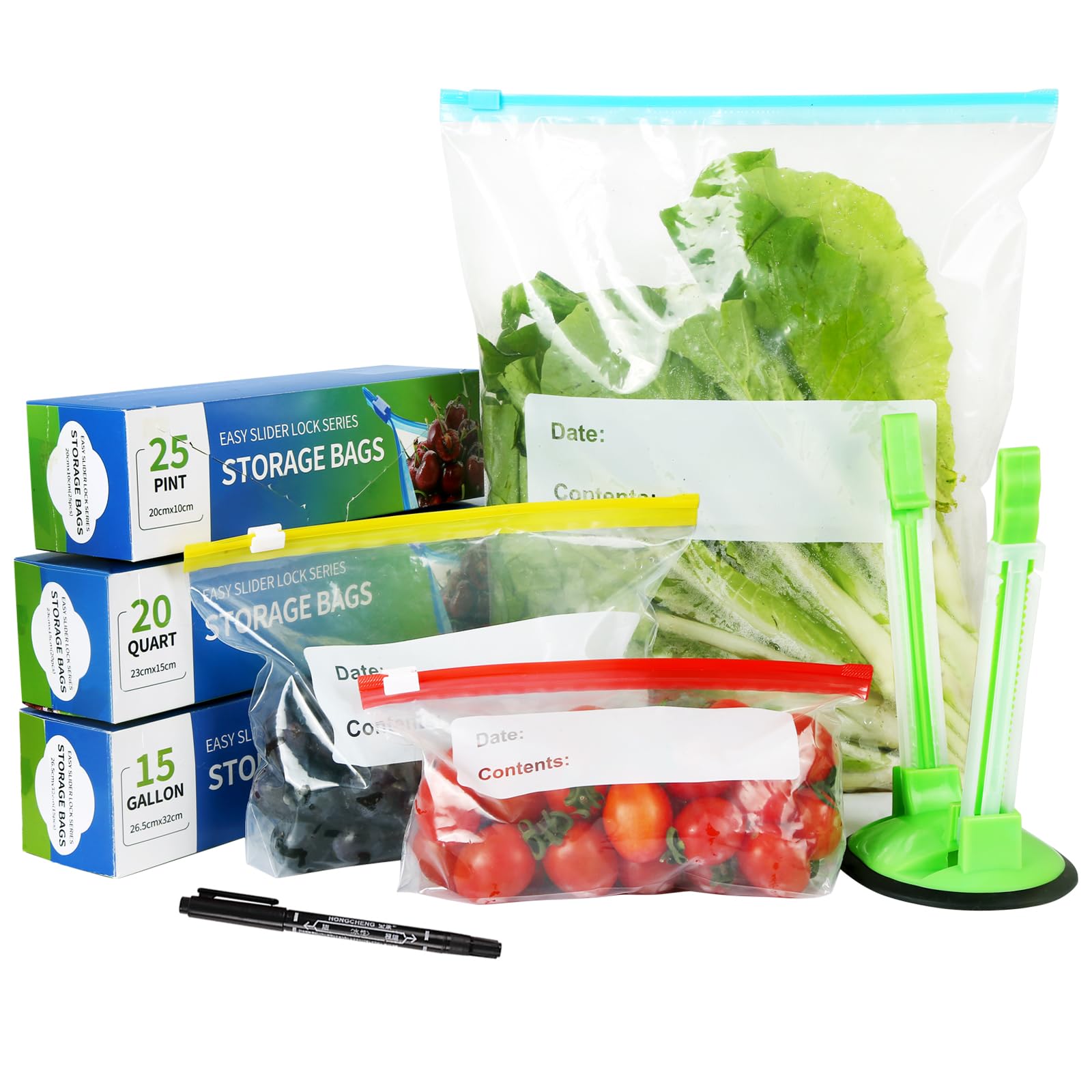 60 Pcs Slider Ziplock Bags, Food Storage Freezer Bags(6.8L&1.7L&0.8L), Reusable Sandwich Bag with Expandable Bottom for Fruits, Vegetables, Meat, Snack, Includes Bag Holder & Pen, BPA Free Leakproof