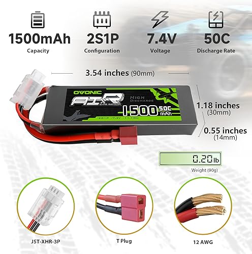 Miniatura 2 de OVONIC 2s Lipo Battery 50C 1500mAh 7.4V Lipo Battery Soft Case con conector T estilo Dean para avión espumoso pequeño helicóptero 2.165 in EDF RC