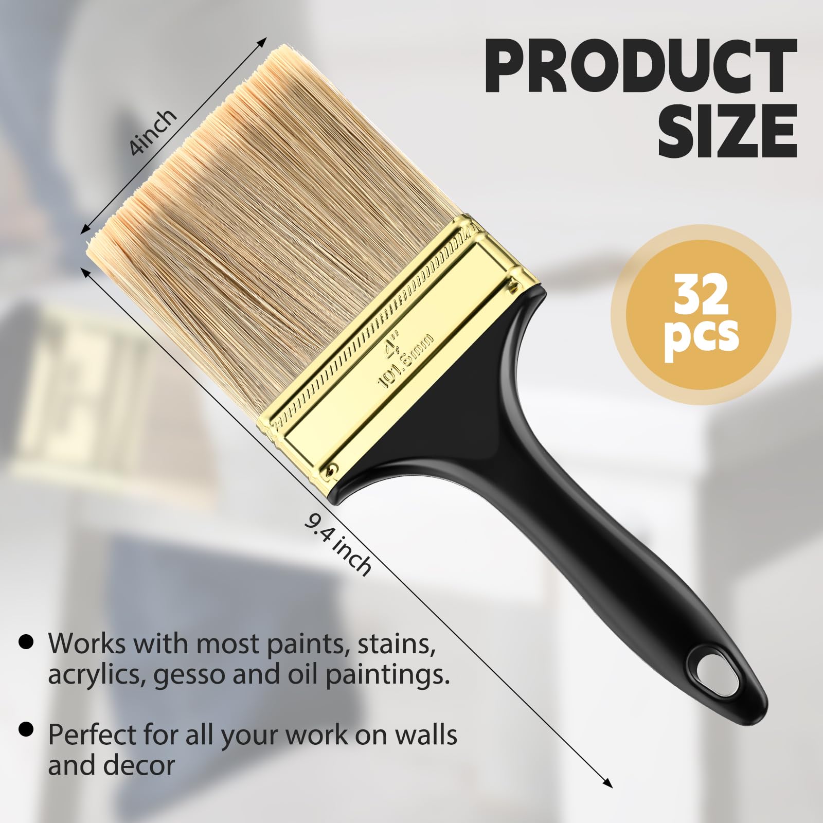 Teenyyou 32 pinceles de pintura de 4 pulgadas, pinceles planos a granel con asas de plástico tratado, herramientas de pintura profesionales para manchas de pintura, cubierta, puerta, muebles, hogar