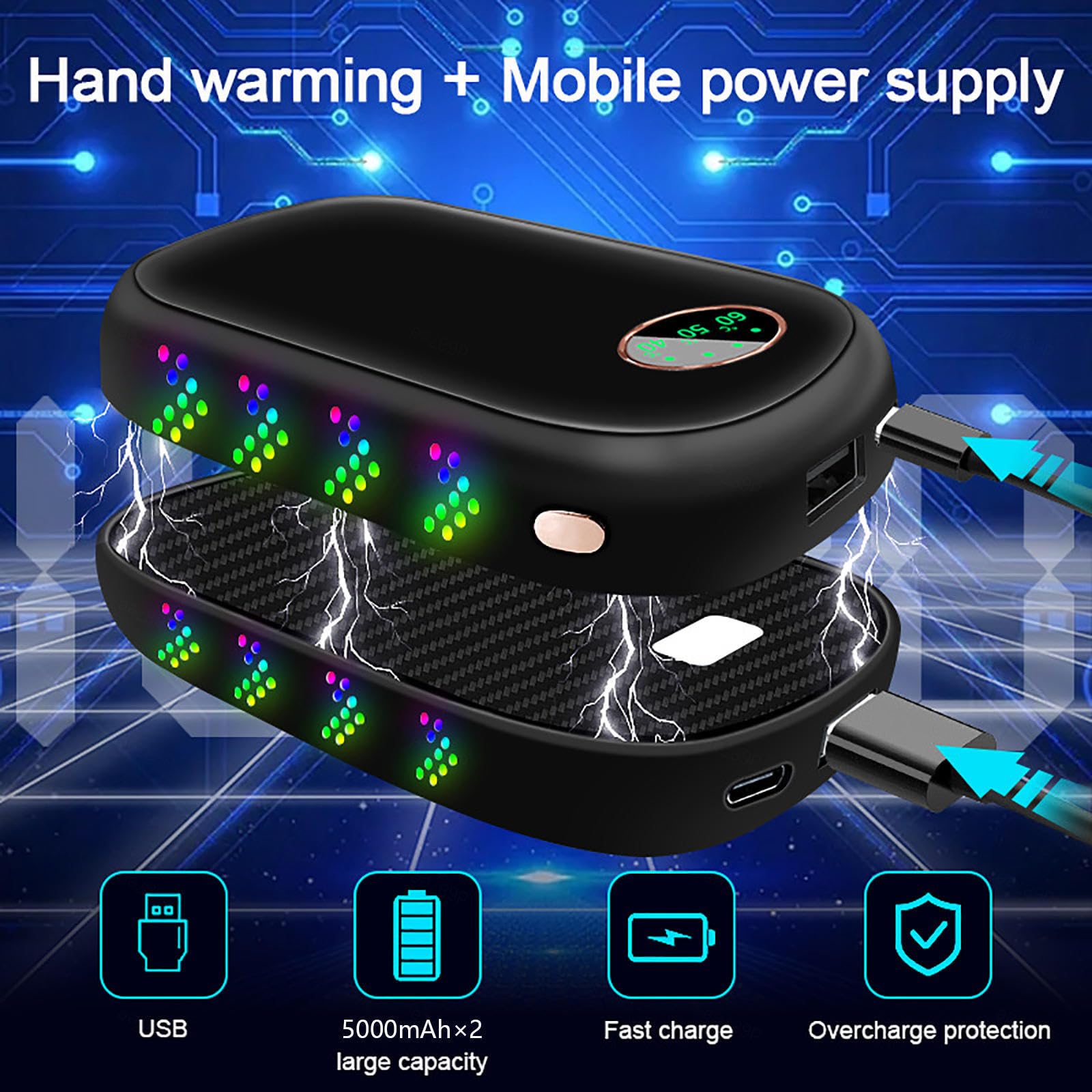 Scaldamani elettrici 2 Pezzi 10000 mAh, scaldamani riutilizzabili USB-C/10 Ore di Calore 3 Livelli di Calore Fino a 140 ℉ per Regali all'aperto per Sci, Campeggio, Golf
