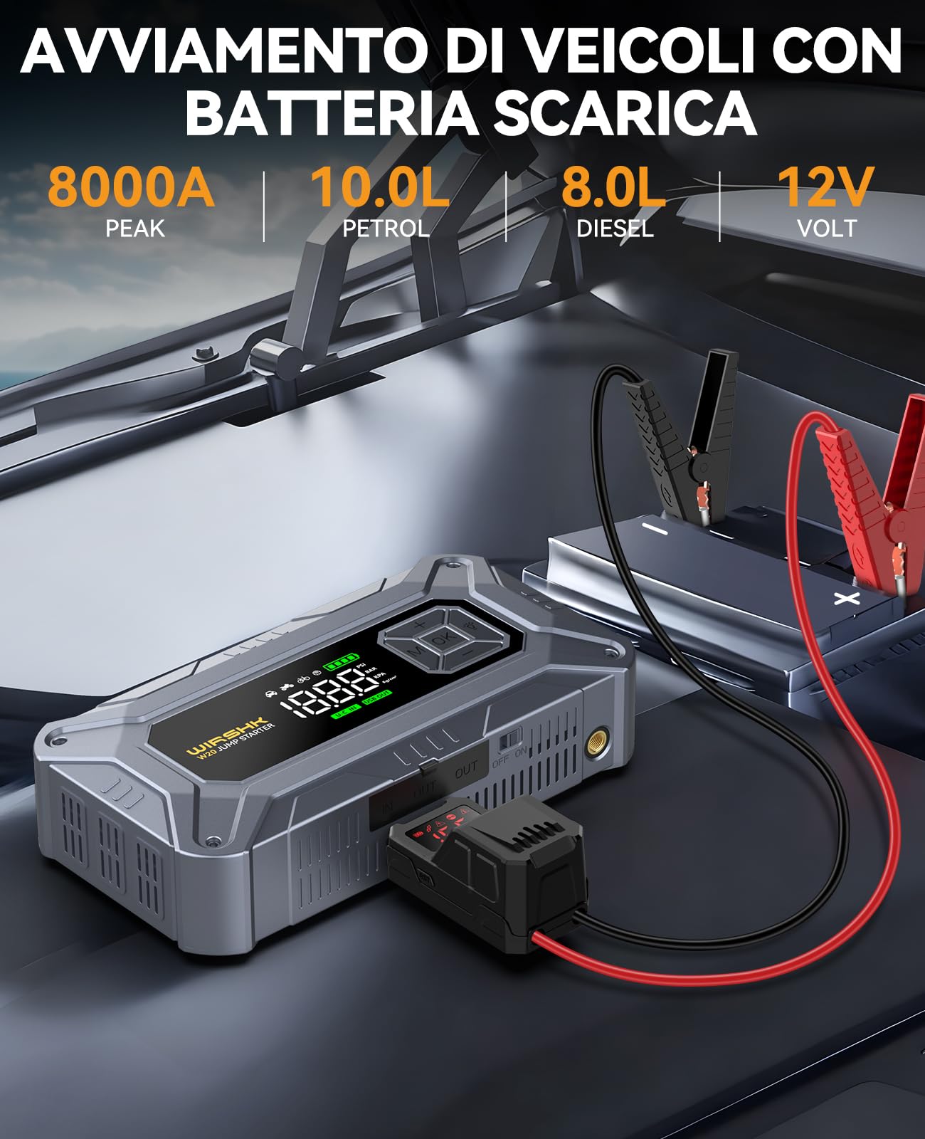 Booster Avviamento Auto con Compressore 8000A 160PSI,27000mAh, Booster Avviamento Auto/Moto per 10.0L Gas/8.0L Diesel, 12V Starter Batteria con Ricarica Rapida 18W,Torcia