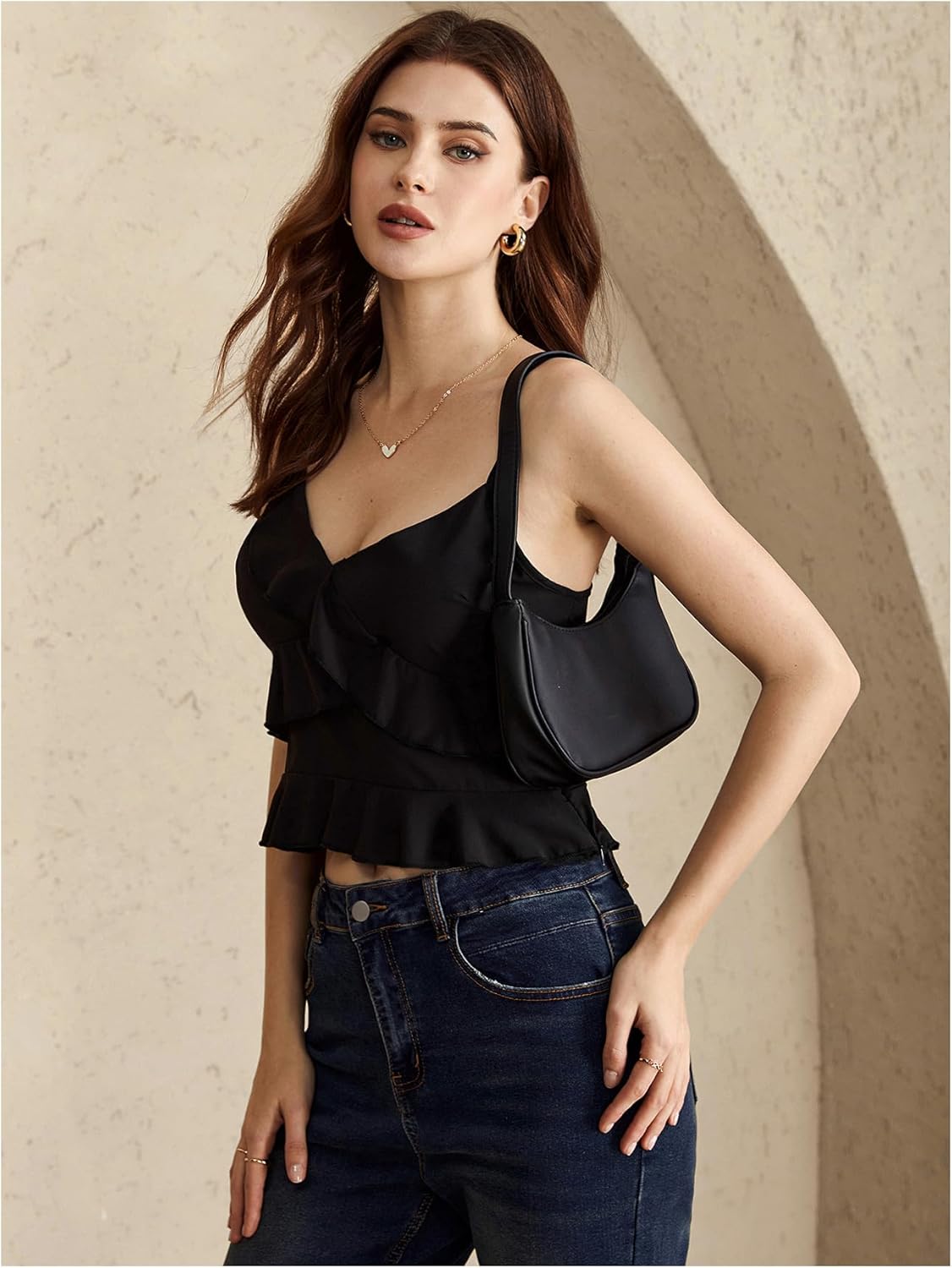 Women's Peplum Camisole Tops Spaghetti Strap Layered Ruffle Trim Going Out Tops - Image 3