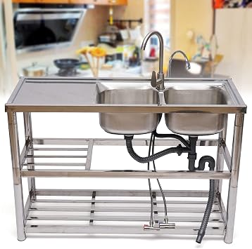 CNCEST Commercial Restaurant Sink,Stainless Steel Utility Sink Free-standing Kitchen Sink,Kitchen Sinks with Strainer,304 Stainless Steel Freestanding Kitchen Sink Double bowl