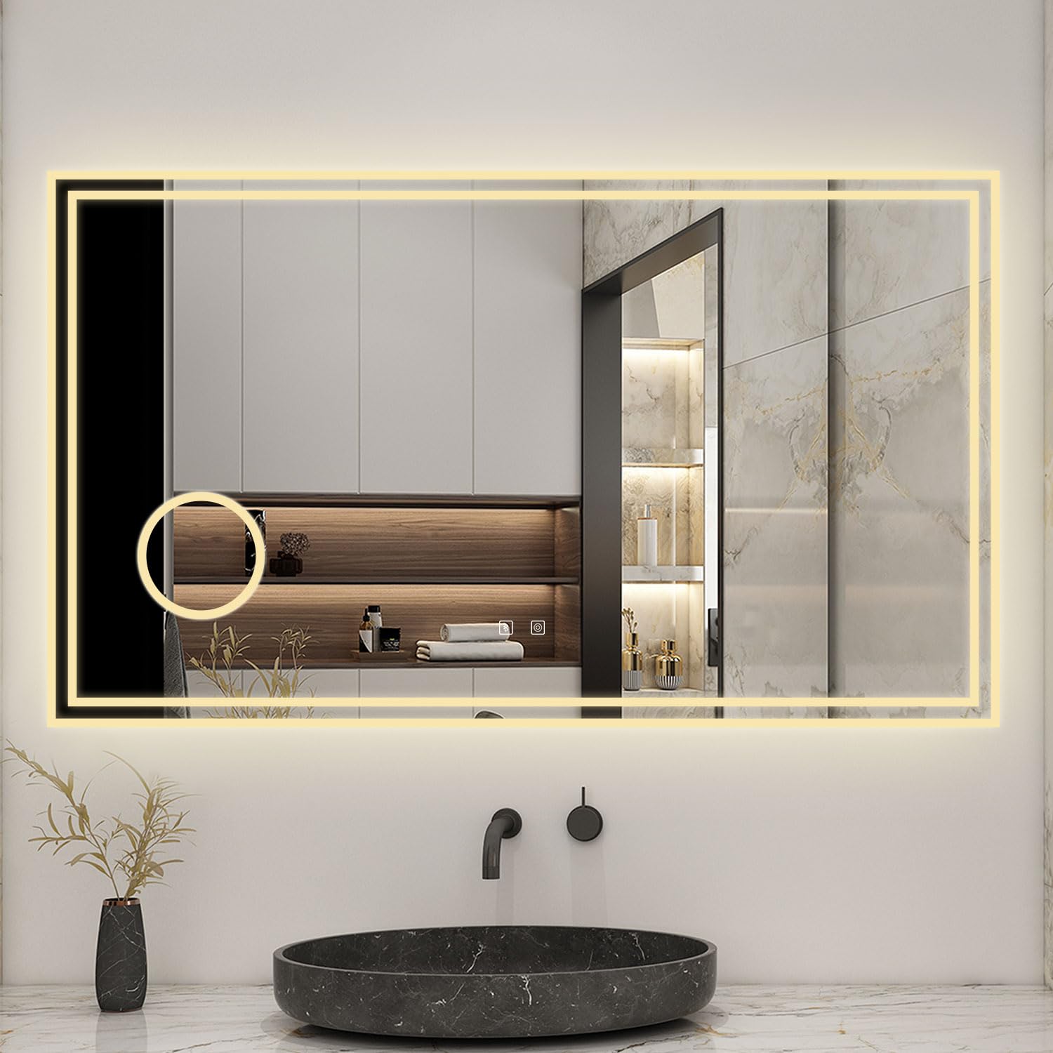 Espejo de baño con luz LED,120 x 70 cm, AICA Espejo, con luz led 3 Colores, función antinieble, Memoria agapada, Bluetooth, Lupa con Aumento de 3X y Brillo Ajustable. Diseño Moderno.