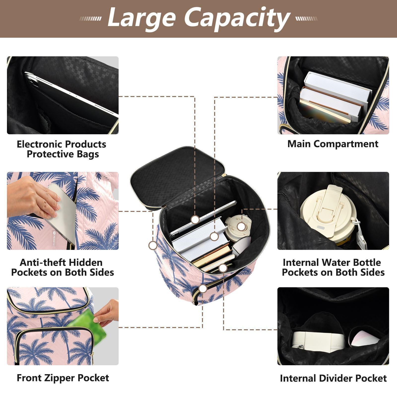 Zaino alla moda da 15 l per le donne leggero durevole versatile borsa | Resistente tessuto trapuntato trasformabile silhouette multi cerniera stoccaggio per le signore viaggio sport gite quotidiane