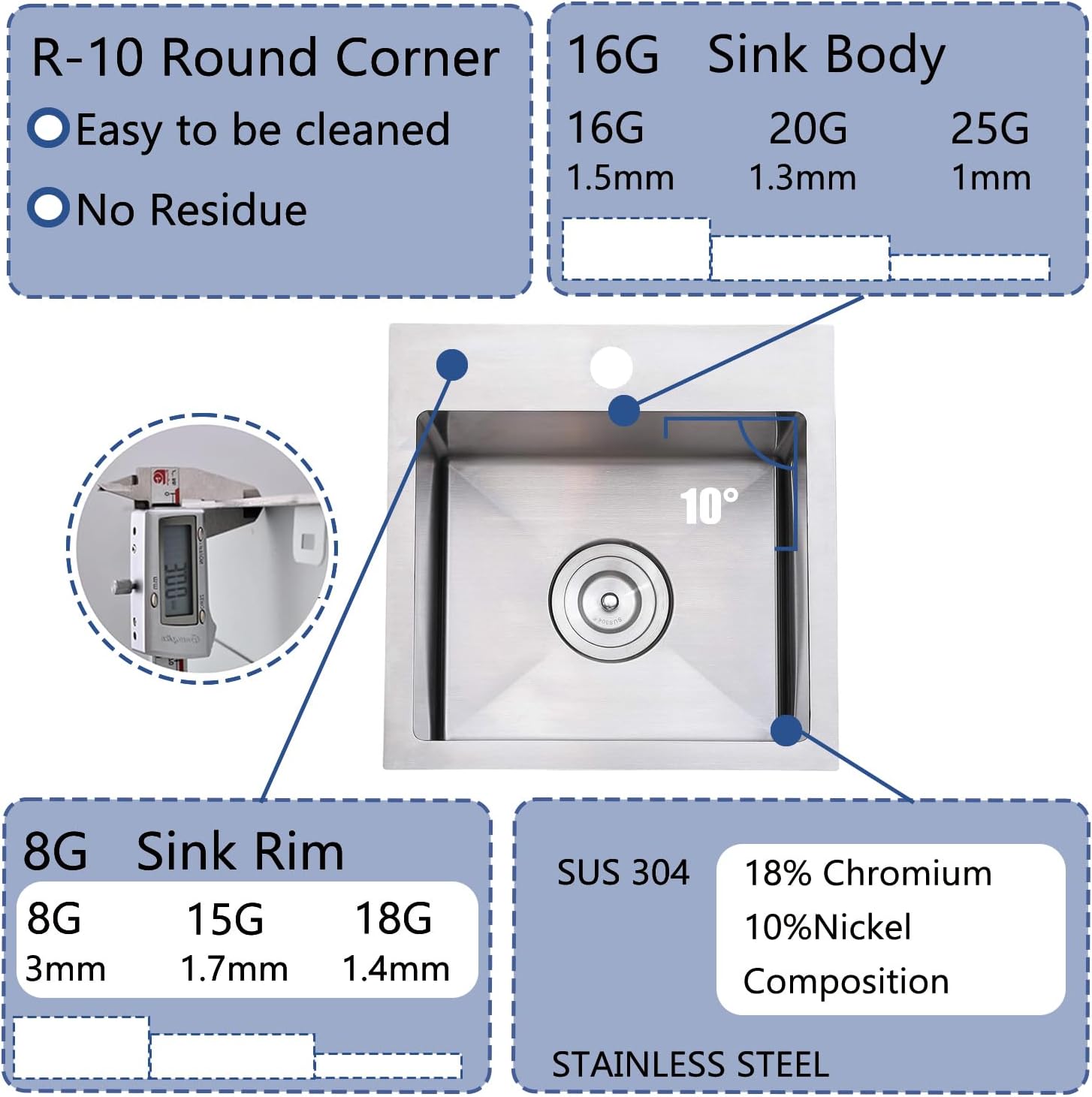 15x15 Inch Bar Sink Drop In, Topmount Kitchen Sink Stainless Steel Square Small Sinks, Single Bowl Kitchen Sinks for Laundry Wet Bar Prep RV Office Outdoor Yard with Grid & Drain