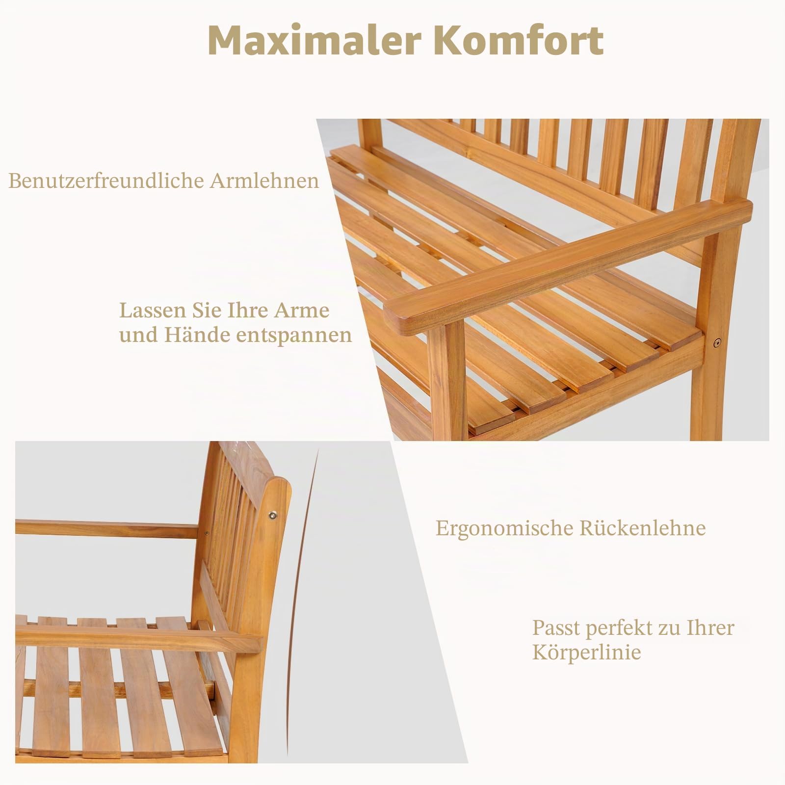KOMFOTTEU 2 Sitzer Gartenbank, Sitzbank aus Akazienholz, Außenbank mit Rückenlehne und Armlehnen, Parkbank bis 360 kg belastbar für Balkon Garten Terrasse, Natur (110x56,5x86cm)