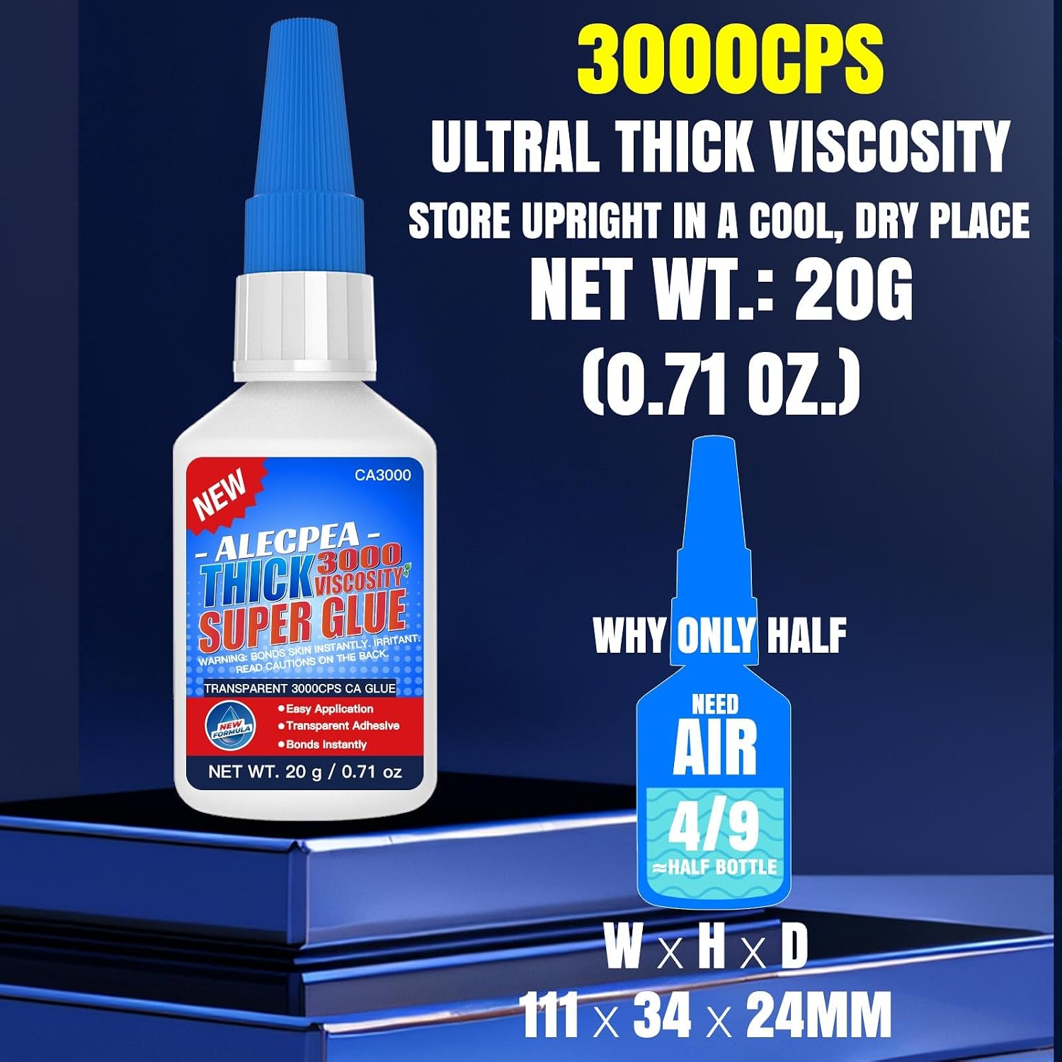 20g Thick CA Glue (3000 CPS), Instant Clear Cyanoacrylate Glue for Wood, Glass, Metal, Paper, Leather, Plastic, Ceramic, Rubber, Jewelry, Woodworking, Hobby Models, and Craft Project