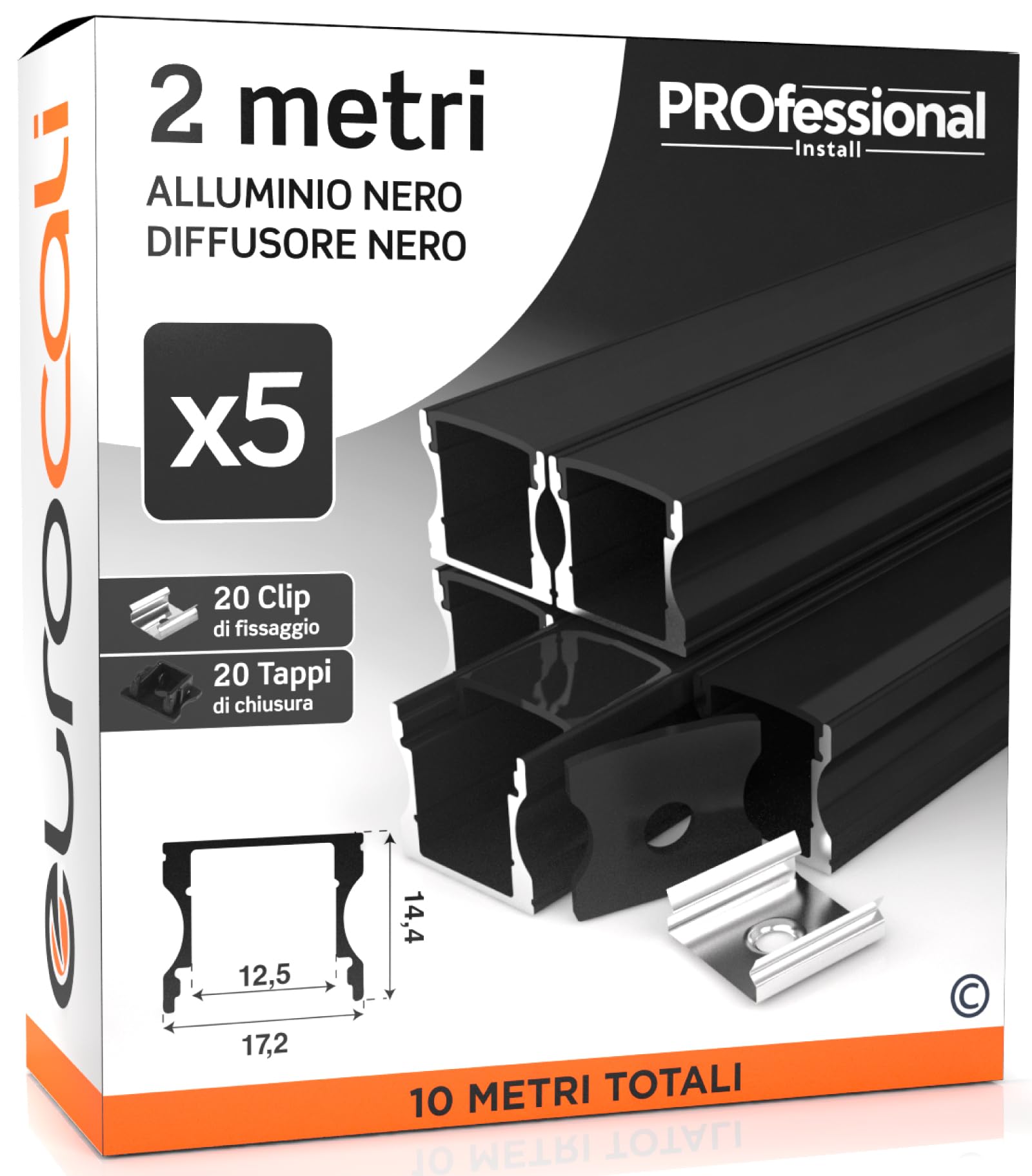 Eurocali 5x Profili da 2 metri (10mt) in Alluminio Nero per Strisce LED Copertura Opaca larghezza max striscia led 12 mm - 17.2 x 14.4