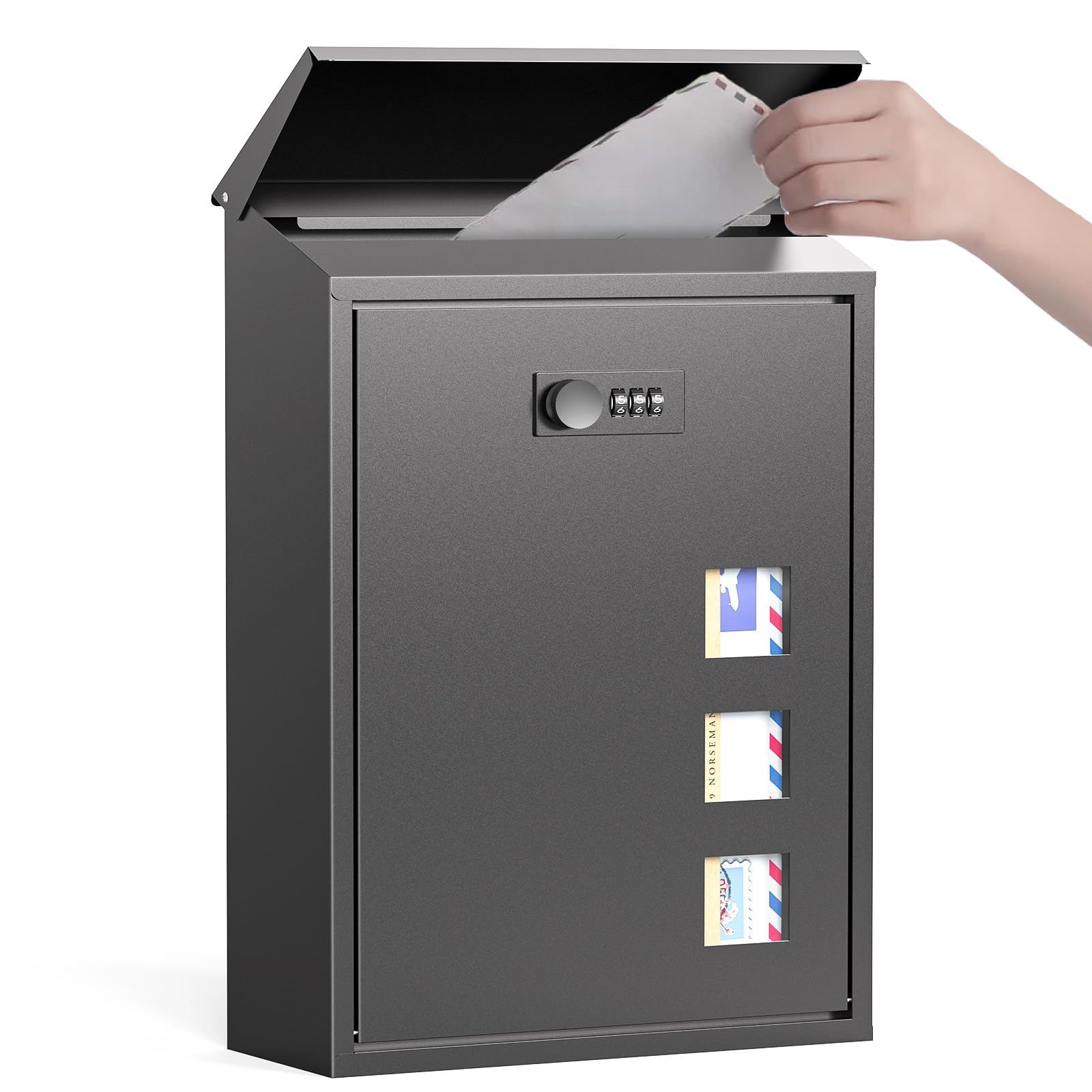 Waterproof Wall Mailboxes, Modern Delivery Boxes for Outside Wall with Combination Lock, Display Windows, Rain Cover, Steel Mailbox, Large Mailbox with