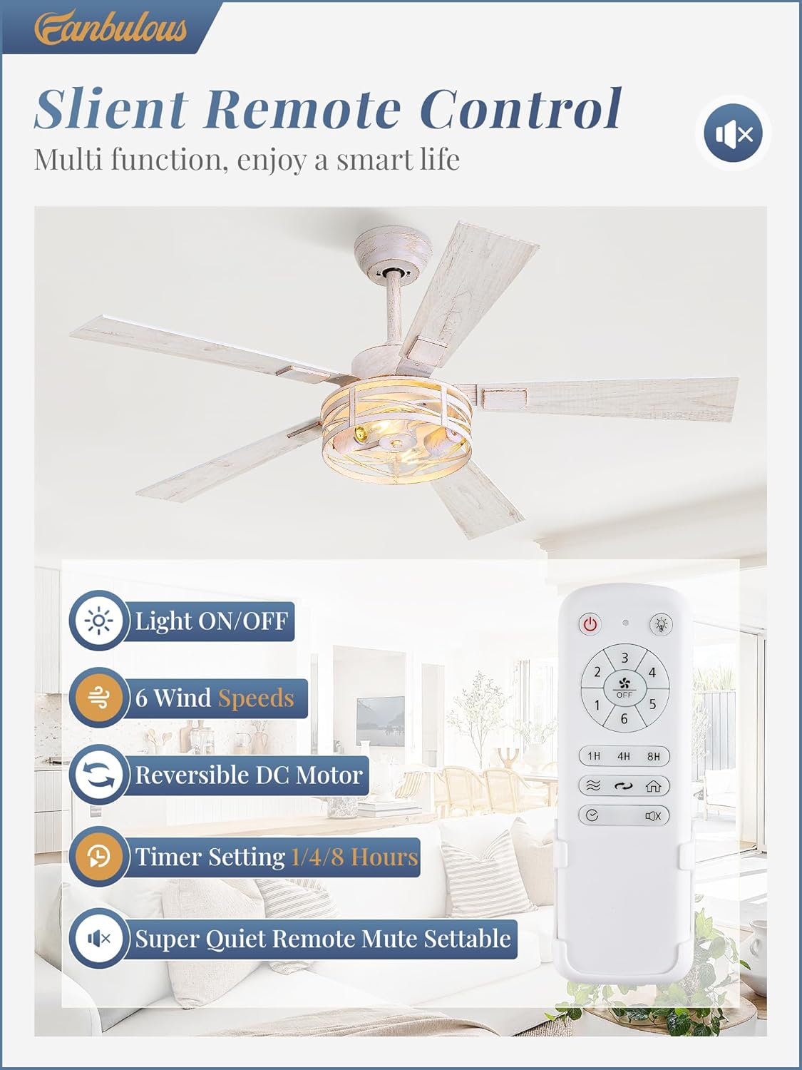 Farmhouse Ceiling Fans with Light, 48 Inch Bedroom Ceiling Fan with Lights, 6-Speed Adjustable, Quiet and Reversible DC Motor, 5 Dual Finish Blades, Rustic Caged Ceiling Fan，White and Gold Color