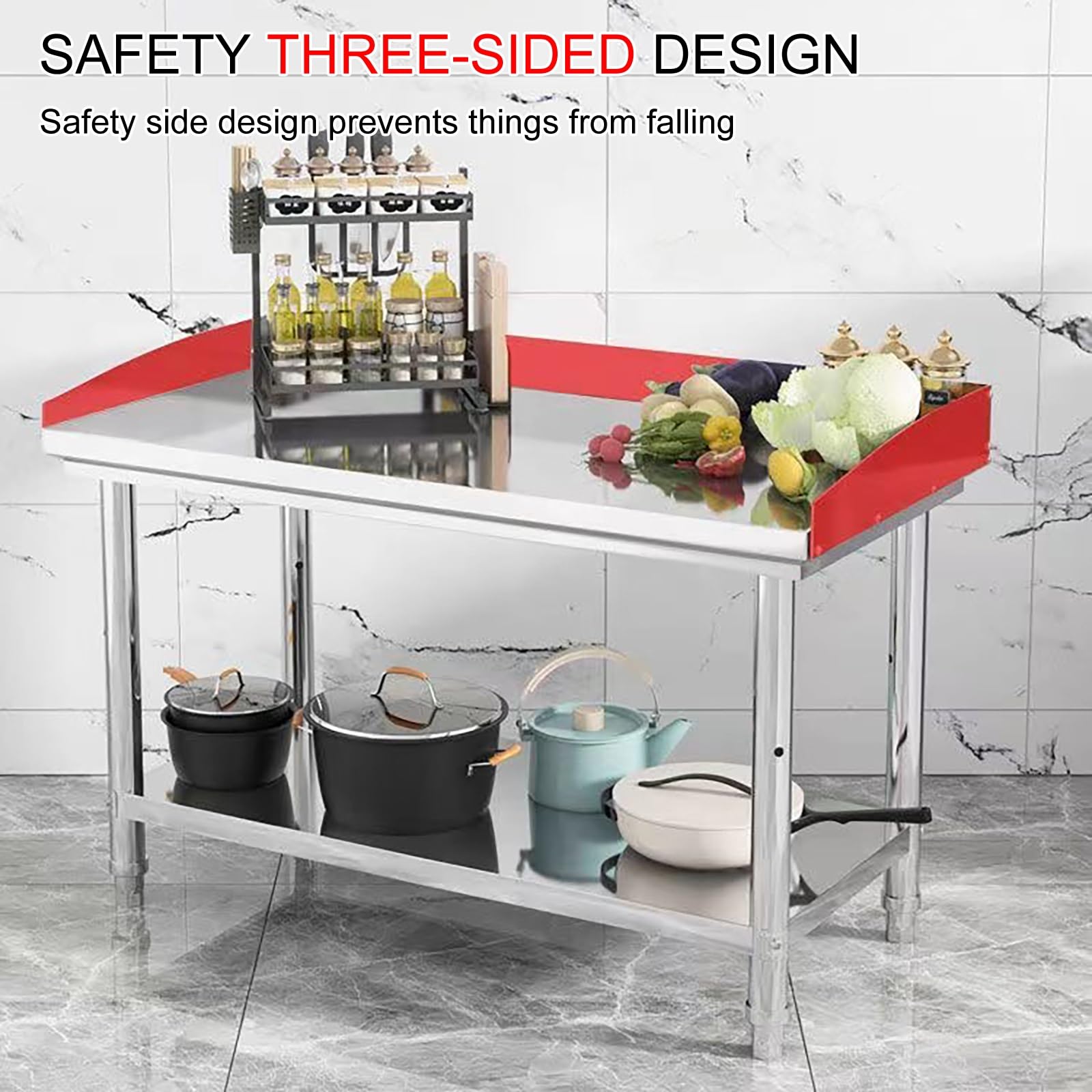 Mesa de preparación de acero inoxidable con protector contra salpicaduras de esquina, estante inferior ajustable, 3 estantes, mesa de trabajo de acero inoxidable de 90 x 50 cm para cocina y