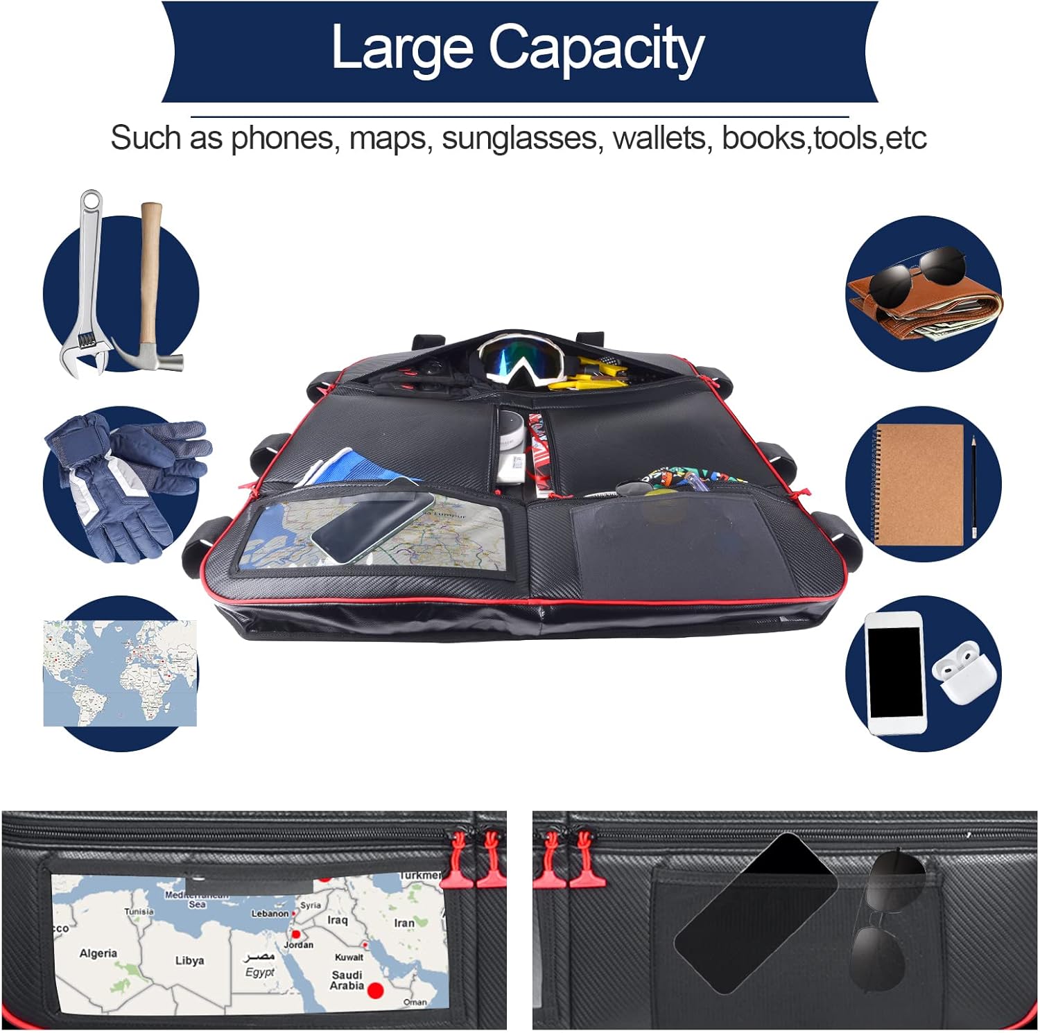 For RZR 1000 XP Roof Bag, UTV XP 1000 Overhead Larger Capacity Roof Top Storage Bag Multiple Pockets Map Pouch For Polaris RZR XP 1000 All Years Easy to Install