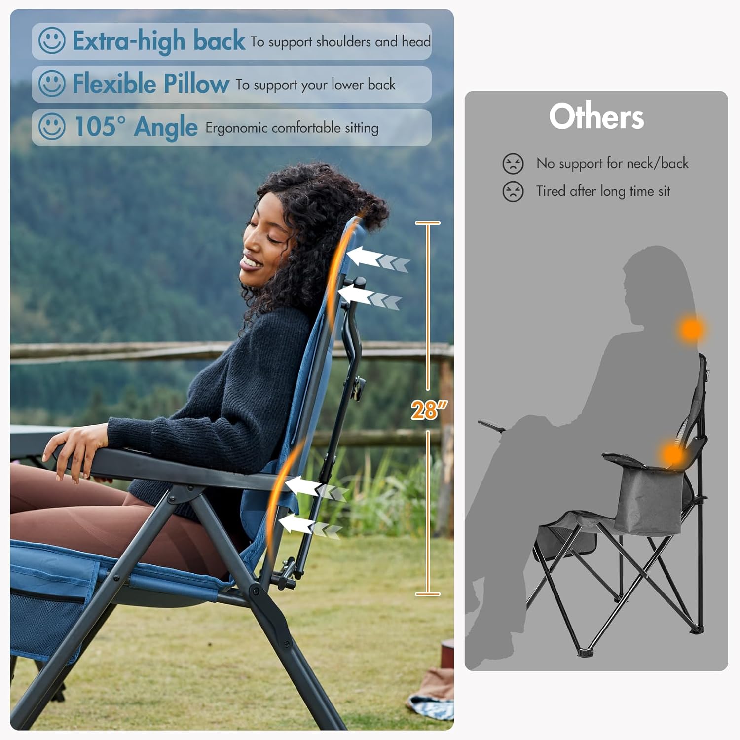 Portal Reclining Camping Chair with Adjustable Back Folding Camp Recliner for Adults Portable High Back Oversized, 350LBS (Blue) - Image 5