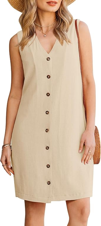 GPAPENT Linen Dresses for Women Summer Casual Sleeveless Button Down V Neck Pocket Self Tie Knee Length Loose Sun Dress