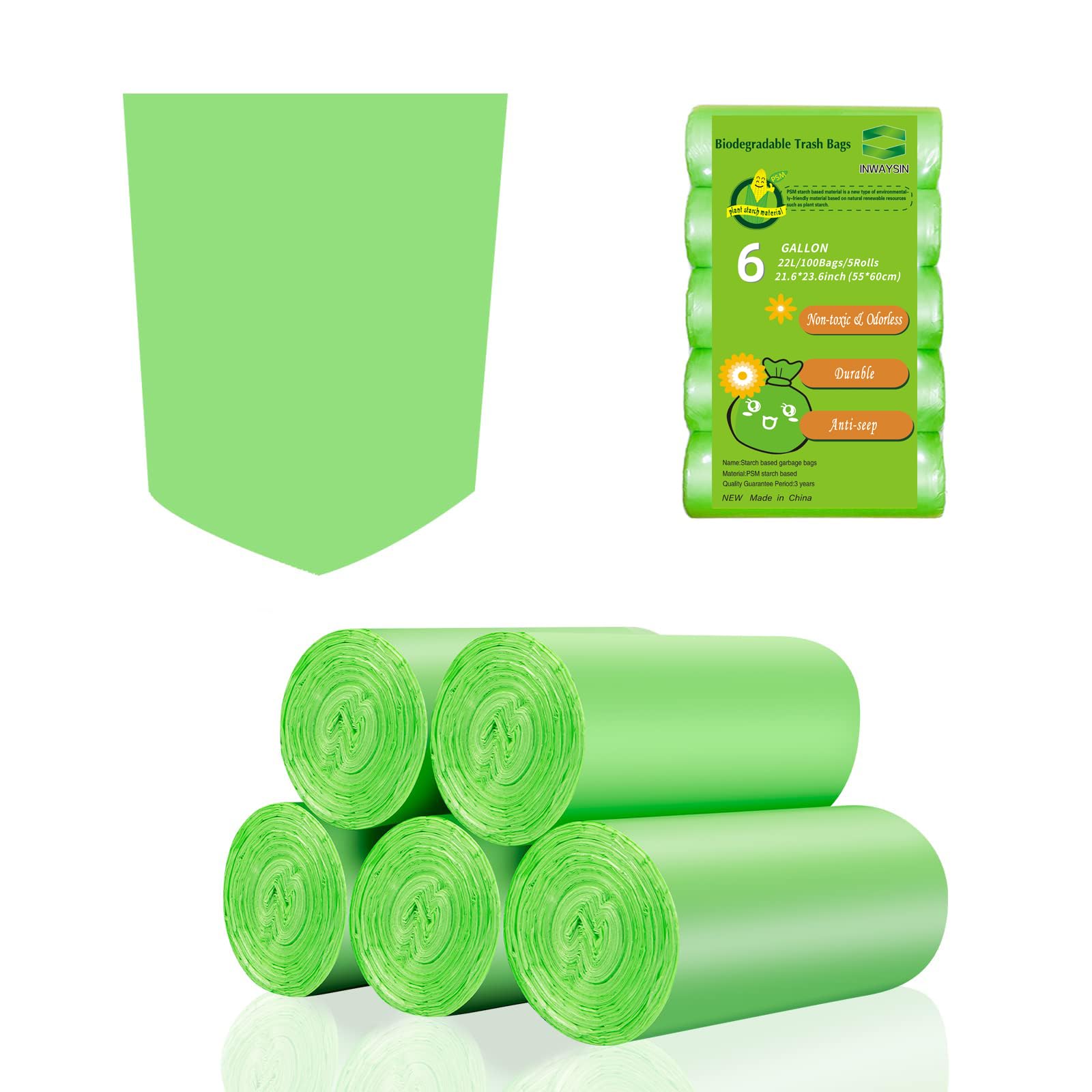 Compostable Kitchen Trash Bags 6-Gallon - Heavy Duty Medium Unscented Biodegradable Garbage Bag Bulk 5 Rolls 100 Count Portable Toilet Wastebasket Liners for Bathroom Office Inwaysin