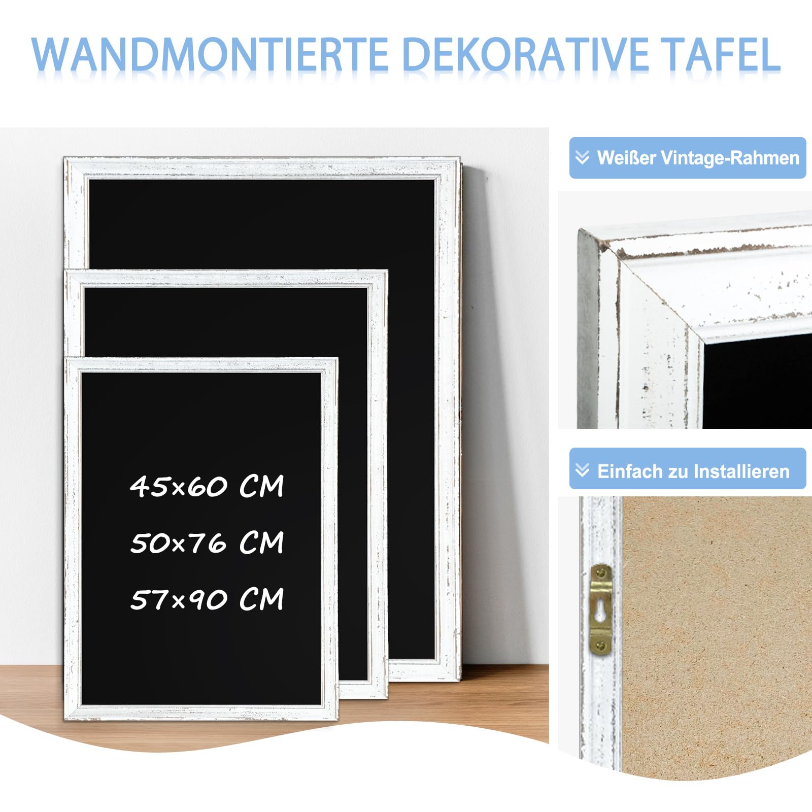 Magnetische Kreidetafel mit weißem Holzrahmen Wandtafel 50x76cm | magnettafel,magnetische Oberfläche,leicht zu reinigen,einfach anzubringen,Vintage-Holzrahmen,kostenloses Zubehör,Wandtafel