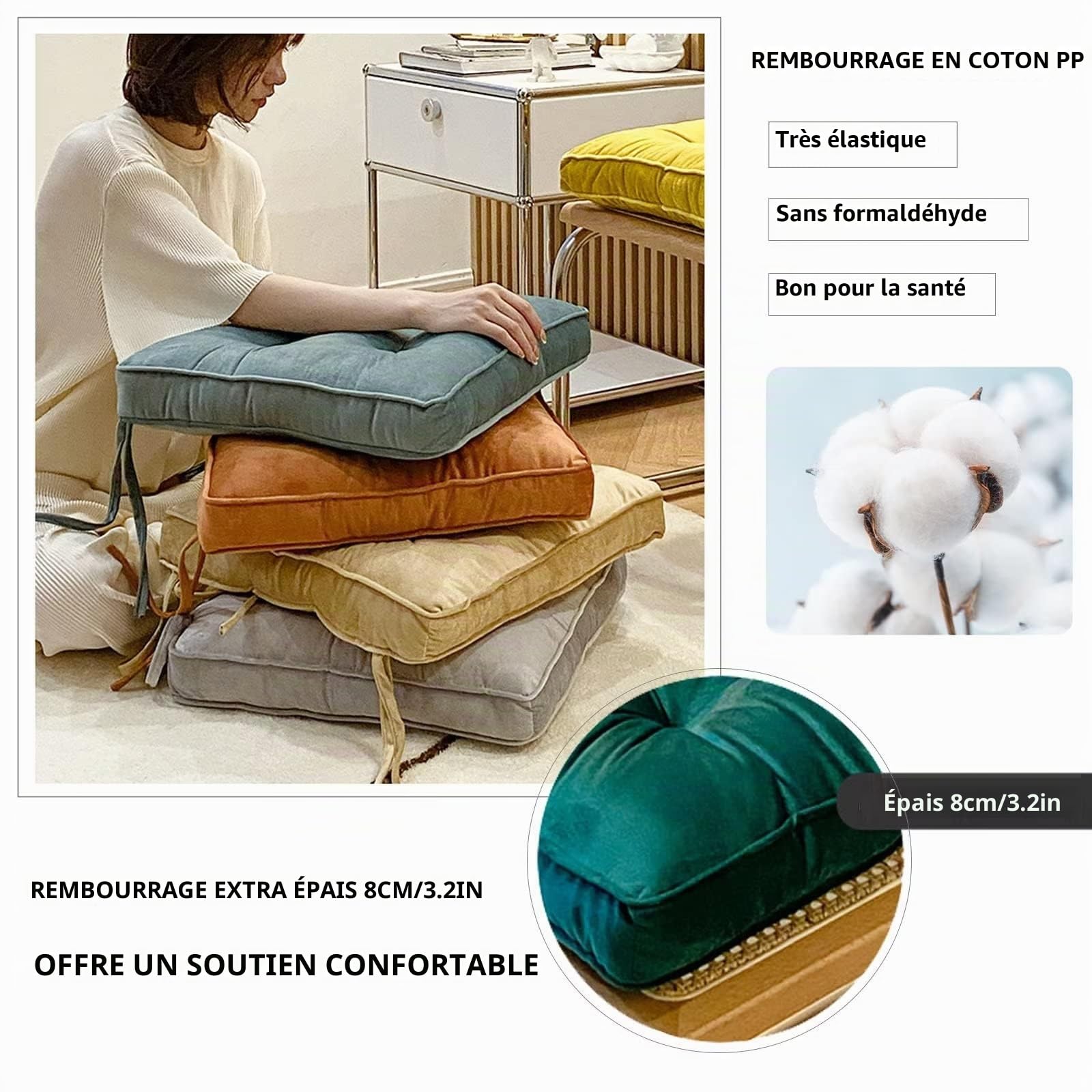 Coussin Epais Pour Chaise Lot De 4, Galette De Chaise 40x40 Carré, Ultra Epais Coussin De SièGe De Chaise De Salle à Manger, Tissu DéLicat Velours Durable pour Une Utilisation à Long Terme Gris Clair
