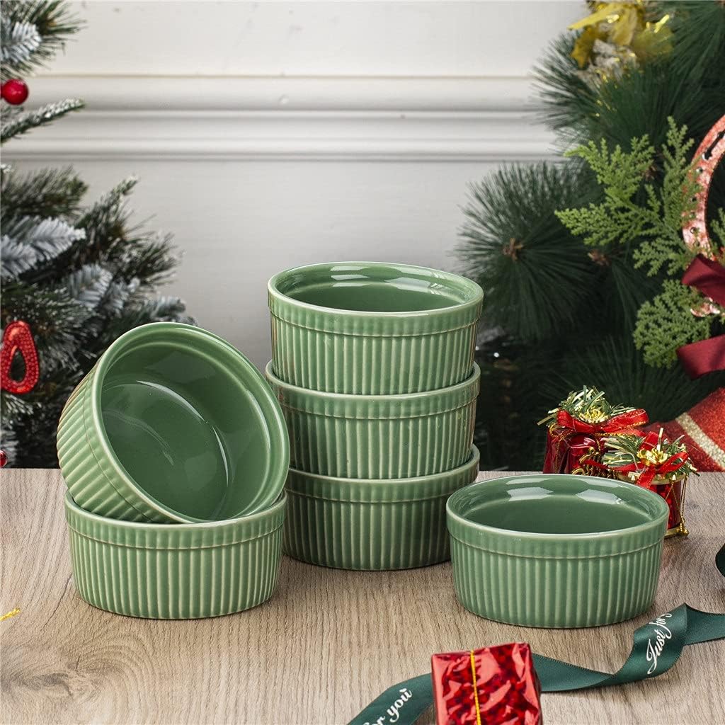 Cutlery Set 6-Piece Green Round Baking Ramekins Dishes Set 190ml Stoneware for Creme/Brulee/Souffle/Cheese/Cake Oven Safe