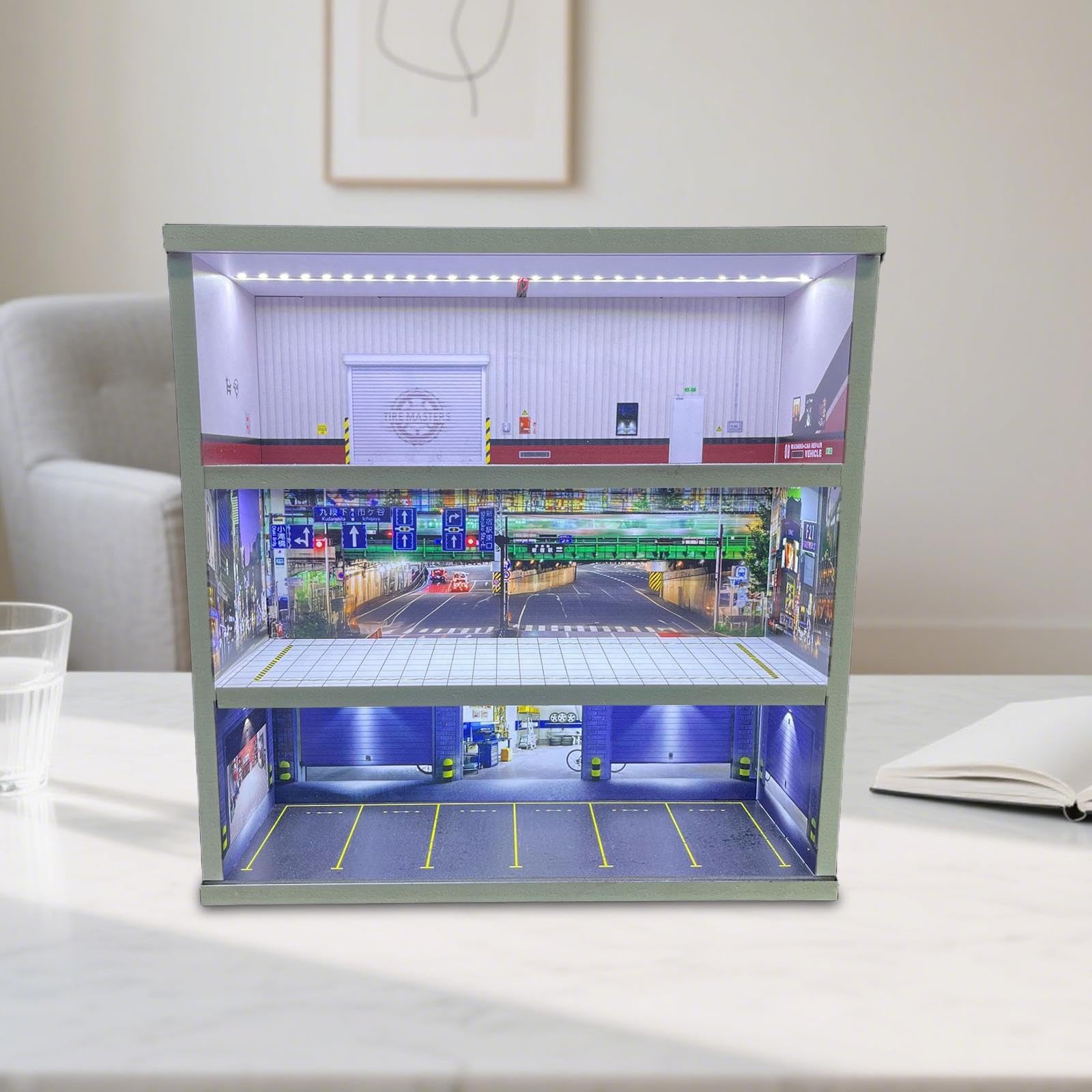 Vitrine für Modellautos, Dioramen, Garagendekorationen, Mikrolandschaften, Acryl mit Beleuchtung, Geeignet für Sammler, Style D