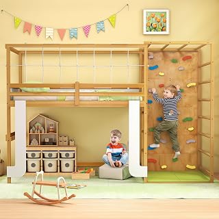 Giantex Twin Bunk Bed with Jungle Gym, 4-in-1 Wooden Loft Bed with Climbing Ladder, Rock Wall & Monkey Bar, Montessori Playhouse Bed with Full Length Guardrail & Wood Slat Support for Kids (Natural)