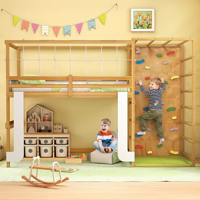 Giantex wooden twin loft bed with climbing ladder, rock wall, and monkey bar
