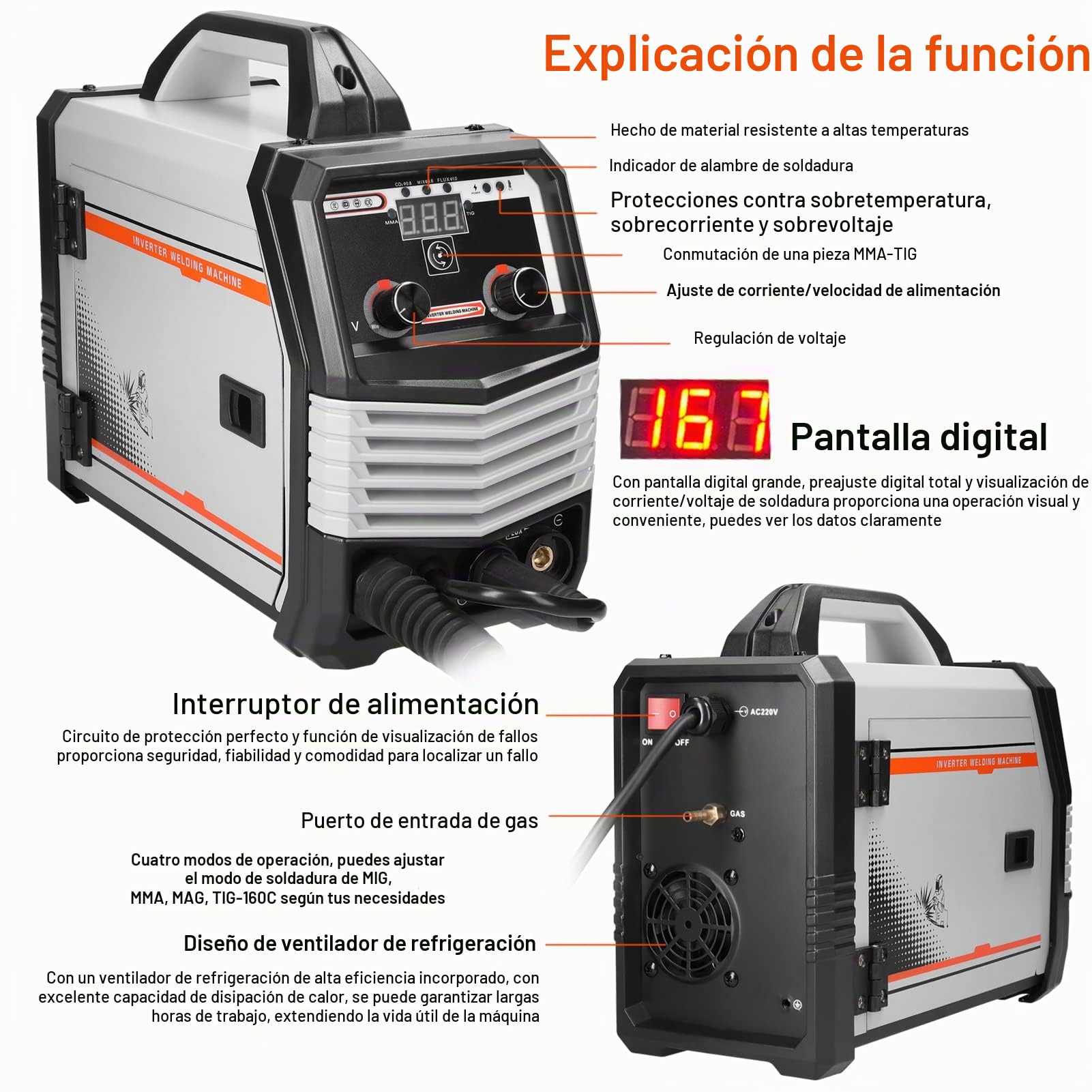 Soldador Inverter, Weytoll Soldadores 4 en 1 MIG MMA MAG TIG-160C, Máquina de Soldadura Eléctrica Portátil Multipropósito, Soldadores Inteligentes