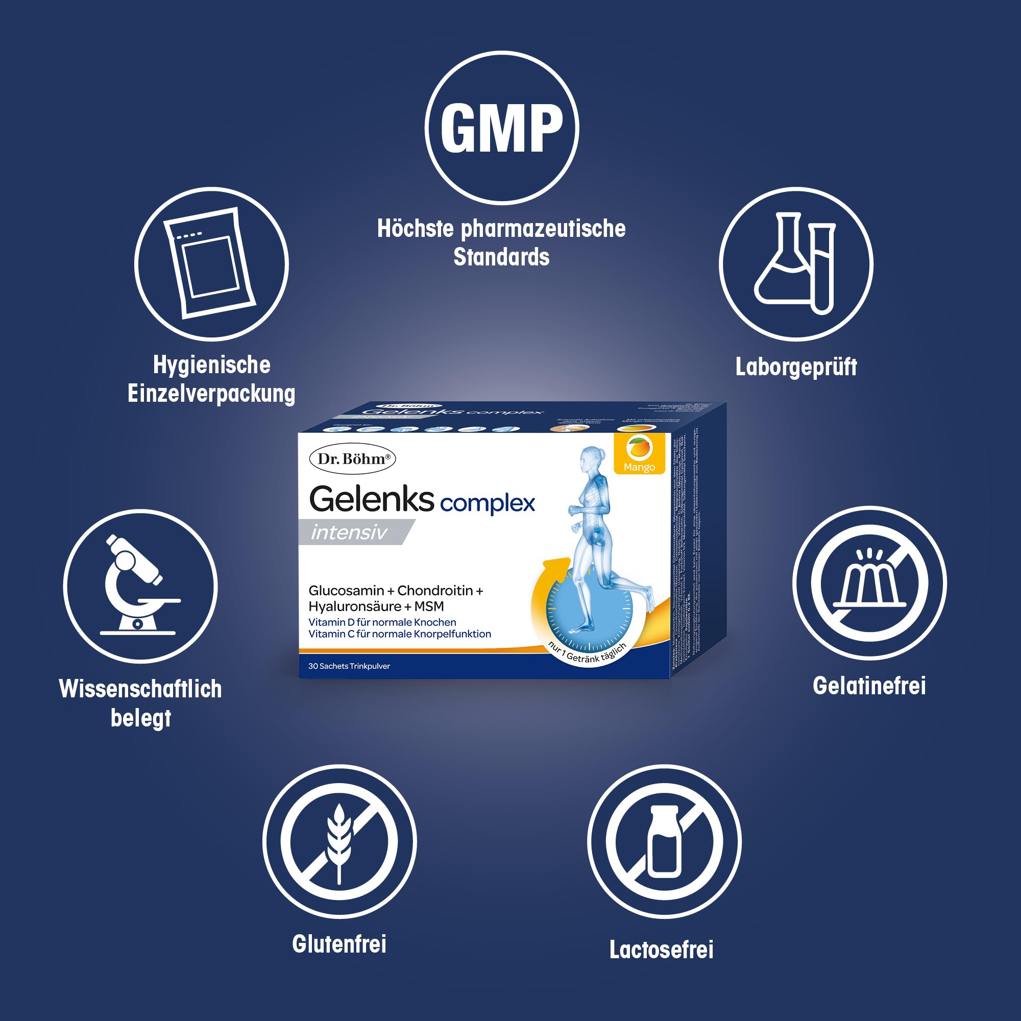 Dr. Böhm Gelenks complex intensiv: Für Gelenke, Knochen, Knorpel & Bandscheiben, Trinkpulver mit Gelenknährstoffen, Calcium & Vitamin D, mit Mango-Geschmack, 30 Stk