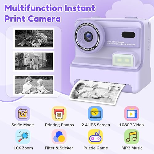 Miniatura 2 de Cámara instantánea, cámara de impresión instantánea para niños con videos de 1080P, selfie dual frontal y trasera, 3 rollos de papel de impresión y