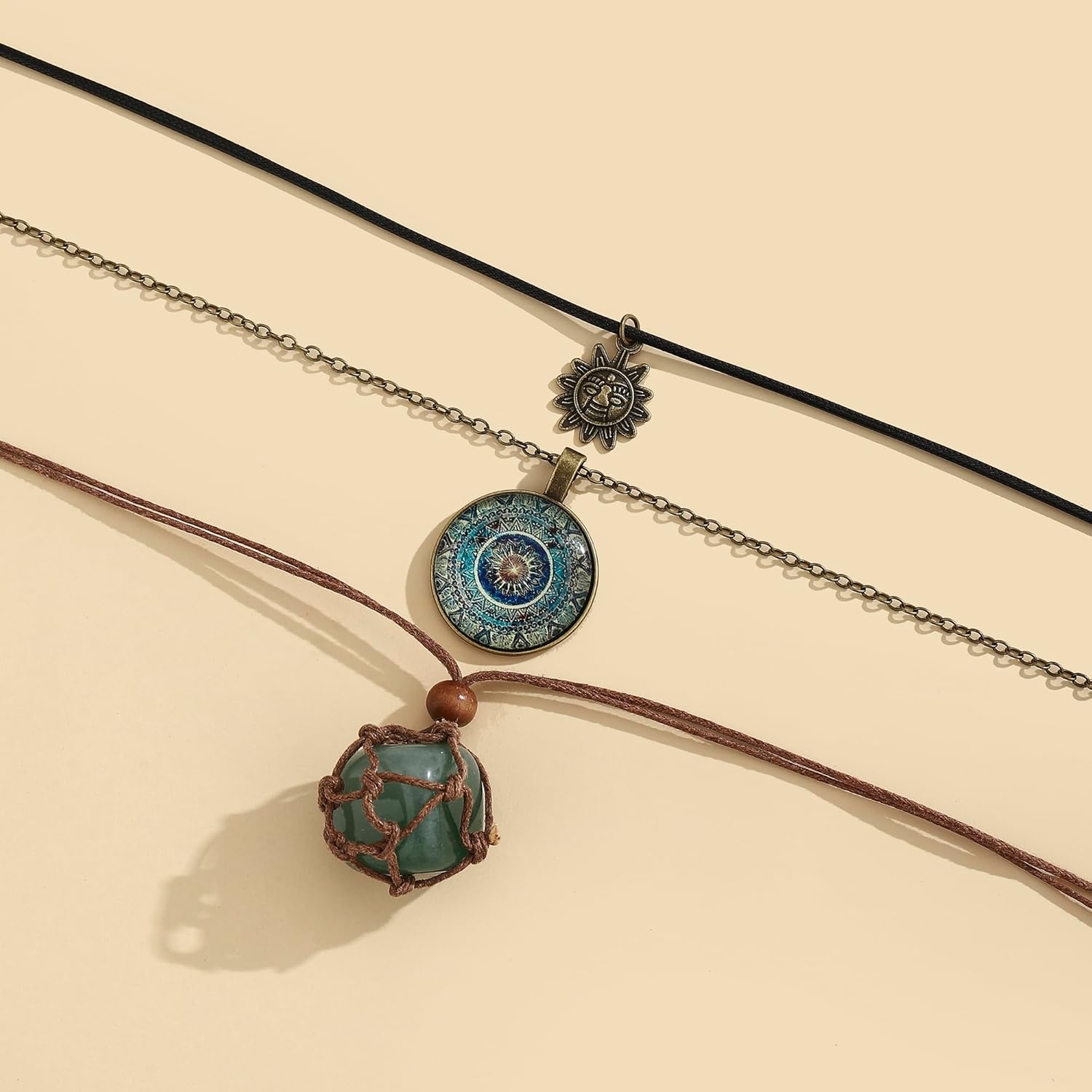 Boho Necklaces for Women Vintage Green Stone Necklace Stack Layered Renaissance Hippie Fairy Jewelry - Image 4