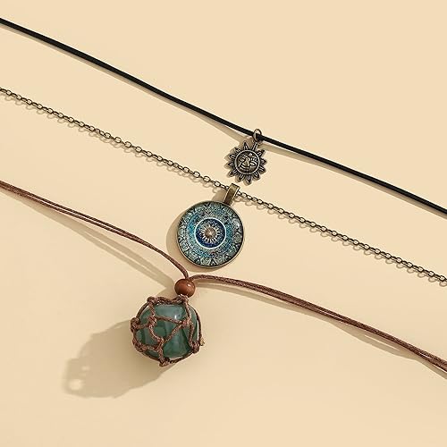 Miniatura 4 de Boho Necklaces for Women Vintage Green Stone Necklace Stack Layered Renaissance Hippie Fairy Jewelry