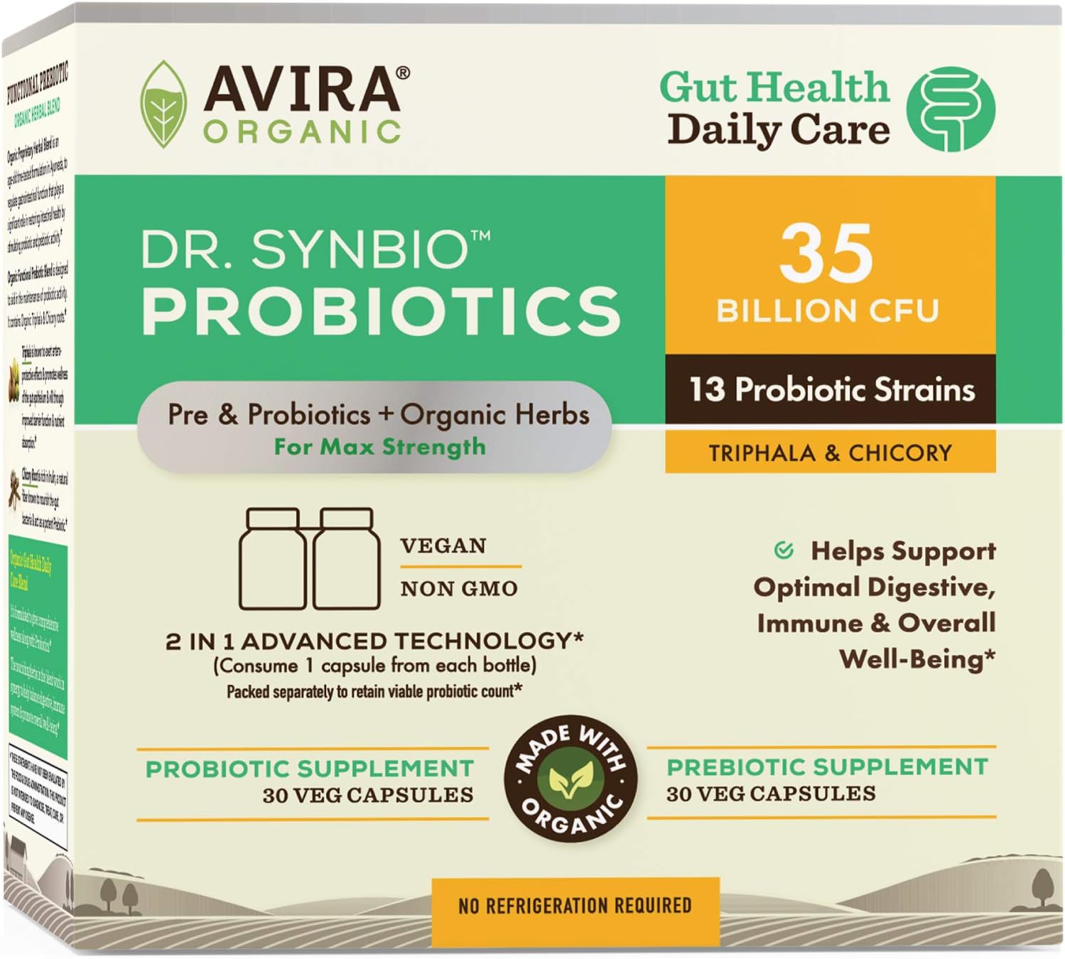 Dr.Synbio Gut Health Daily Care Probiotics & Organic Prebiotics – Triphala & Chicory, 35 Billion CFU & 13 Multiple Strains, Helps Support Optimal Digestive, Immune & Overall Wellbeing, Delayed Release
