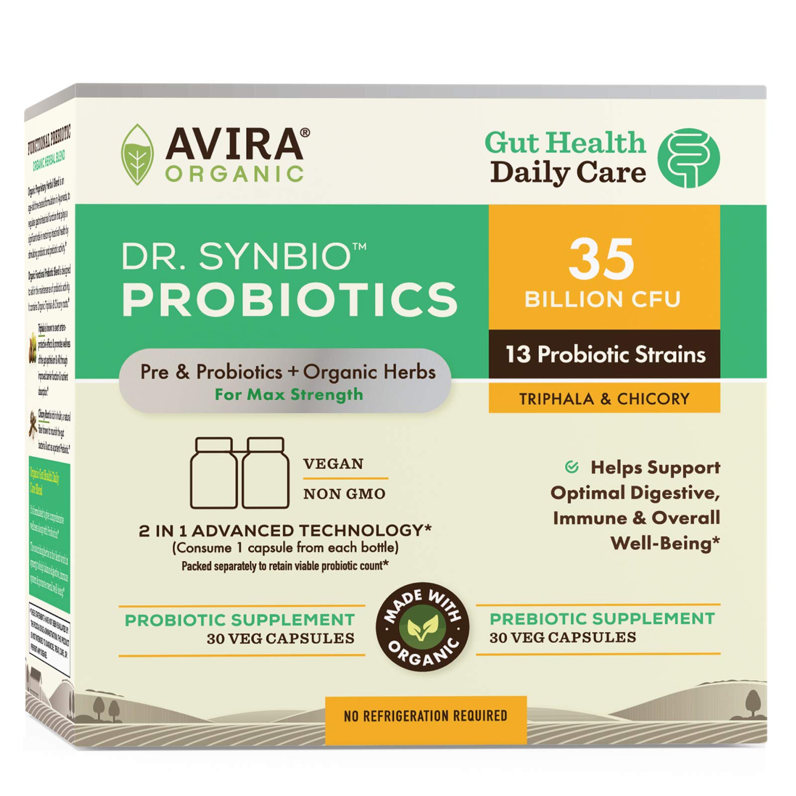 Dr.Synbio Gut Health Daily Care Probiotics & Organic Prebiotics – Triphala & Chicory, 35 Billion CFU & 13 Multiple Strains, Helps Support Optimal Digestive, Immune & Overall Wellbeing, Delayed Release