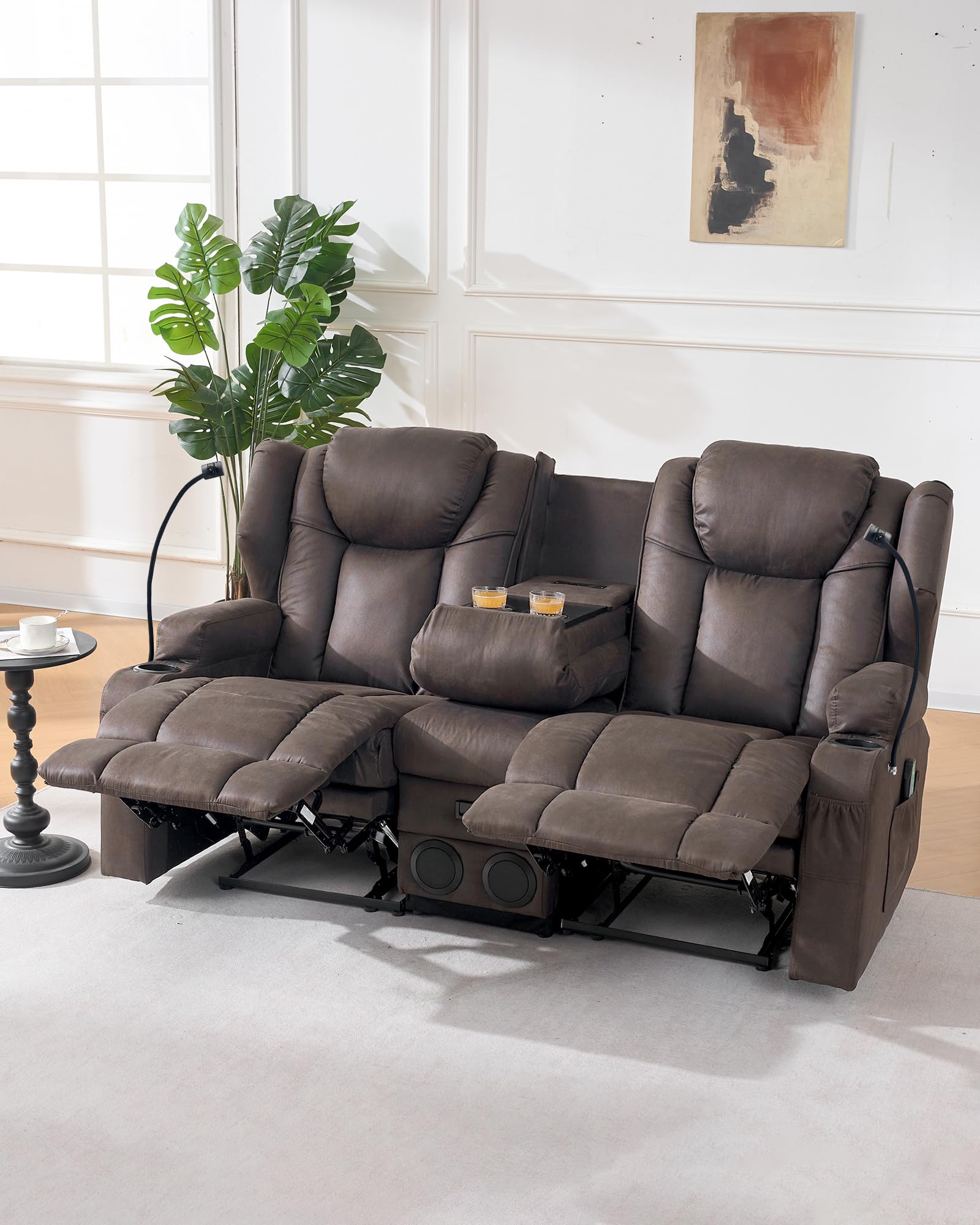 Massage Recliner Loveseat,Manual Oversize Reclining Lovesea Sofa with Cup Holders, USB Ports, Bluetooth Speaker and Storage Pockets for RV, Home Theater (Brown+Leathaire Farbic, Loveseat with Console) | Breathable, Soft
