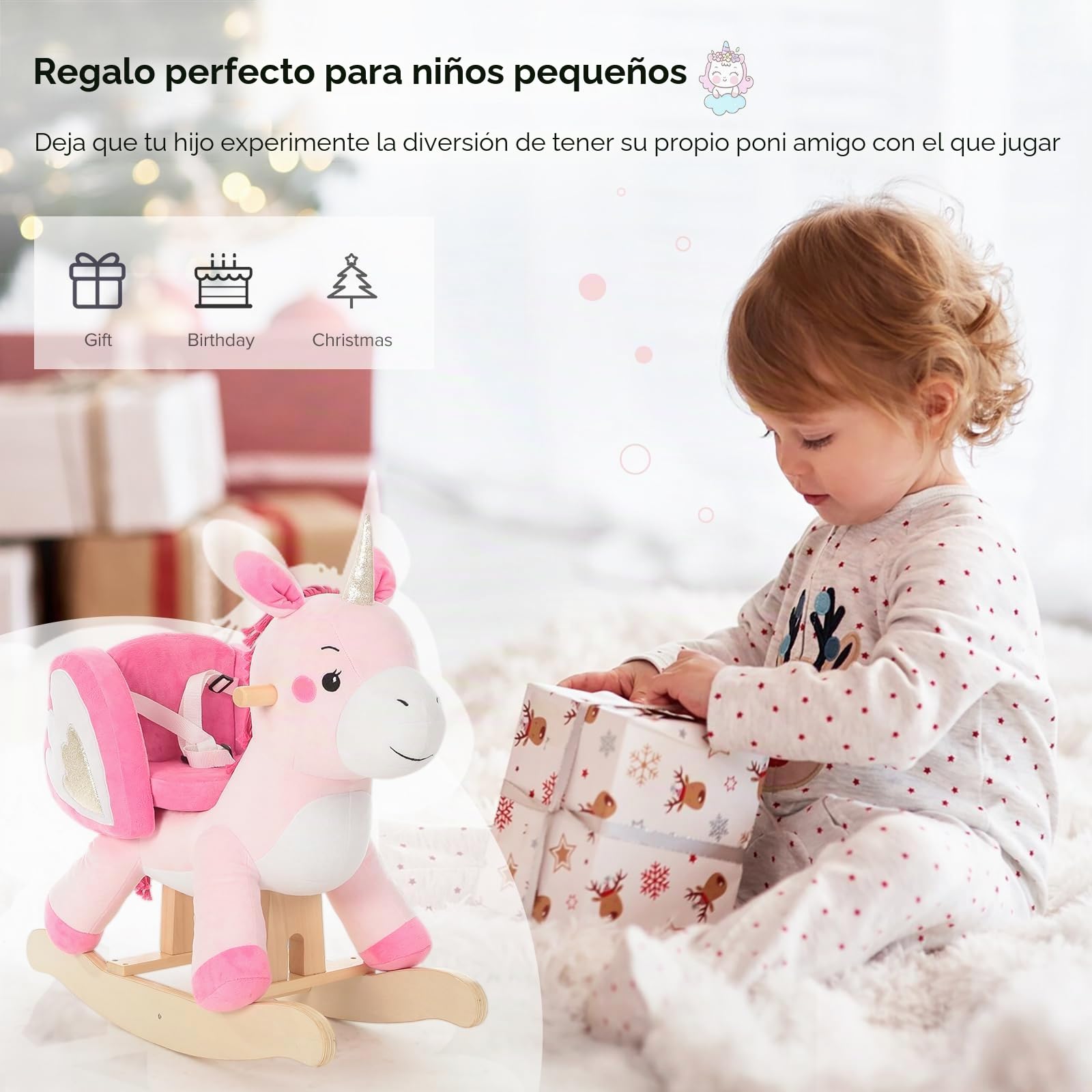 Labebe - Unicornio Rosa Mecedora Caballo Balancín para Niña 1-3 Años, Juguete de Madera y Peluche con Columpio
