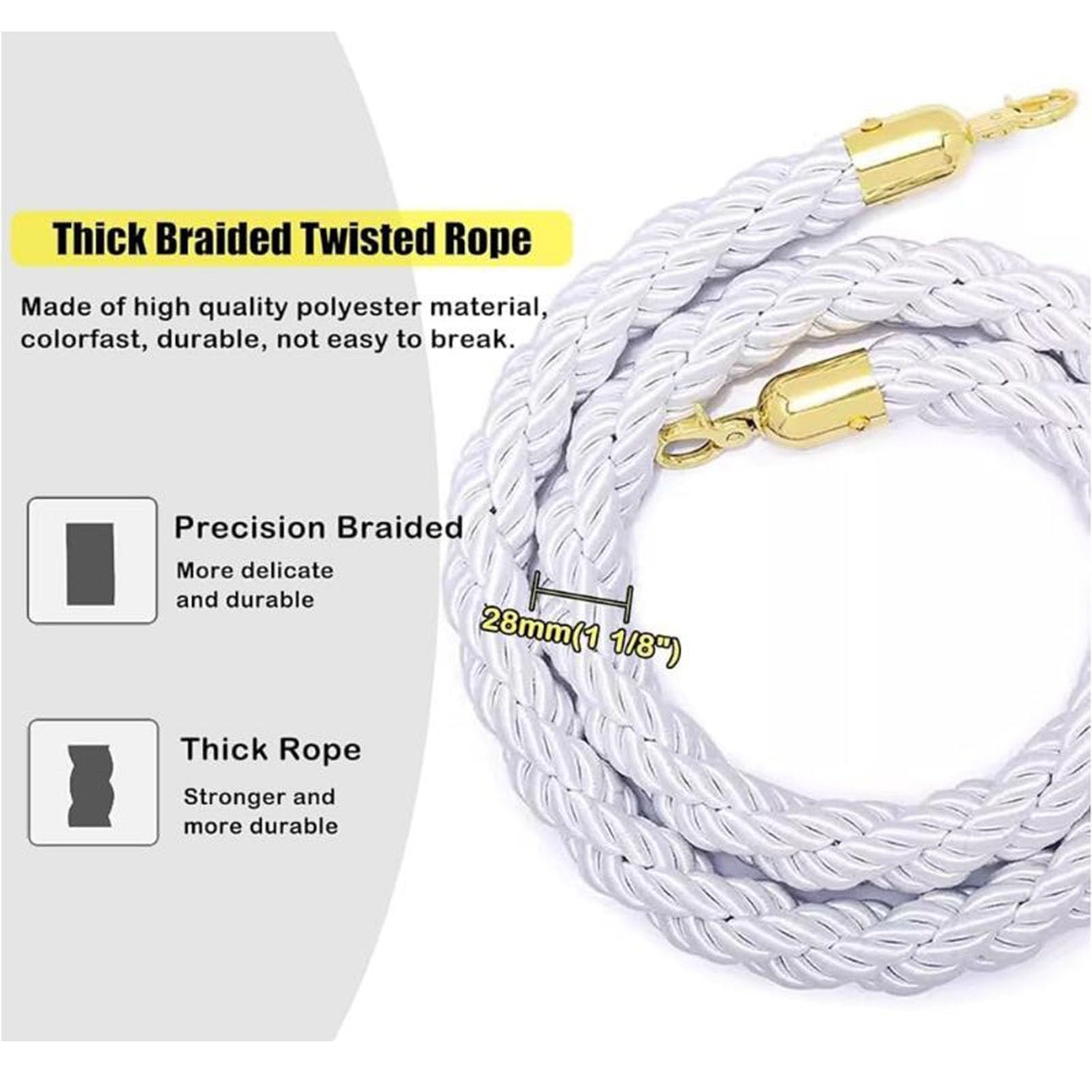 Cuerda de Barrera Paquete de 2 Cuerda de Barrera de Nailon Blanco con Clips chapados en Oro, Cuerdas de puntal retorcidas for Restaurantes/Hotel(150cm/4.9ft)