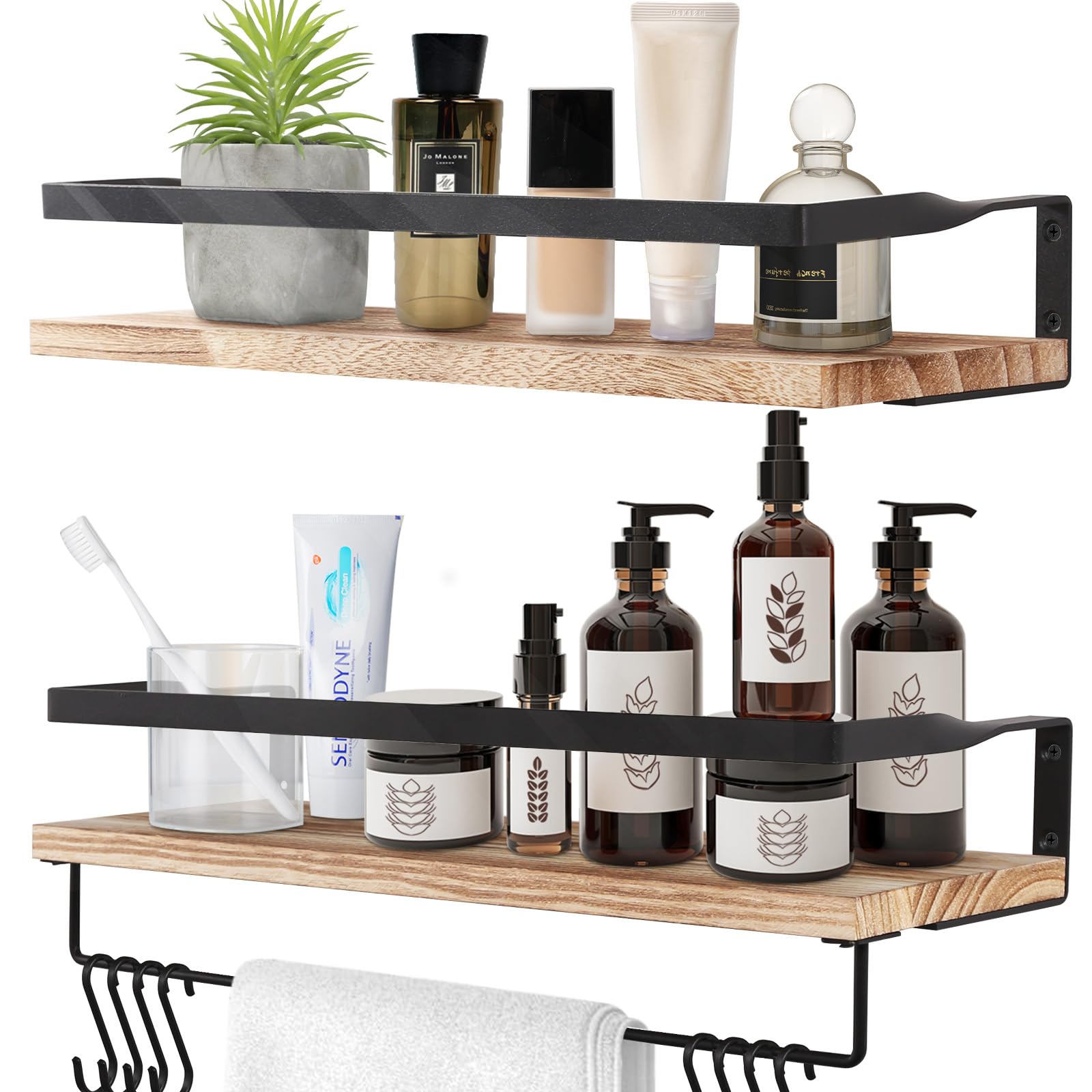 Uten Baldas Pared, Estante de Pared de 2 Niveles, Estante de Pared de Madera, 42 cm de Largo, 8 Ganchos, Adecuado para Dormitorio, Cocina, Baño, Sala de Estar, Solución Ahorrar Espacio