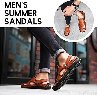 Large Size Soft Leather Men's Breathable Outdoor Sandals Orthopedic Hollow-out Summer Sandals Closed Toe Walking Sandals