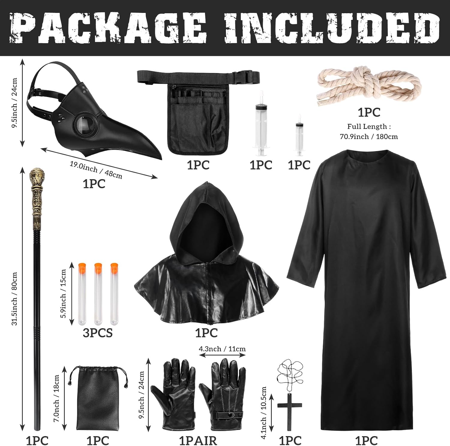 Plague Doctor Costume,Scary Black Doctor Robe with Mask Gloves Hat,Halloween Costumes for Aldult