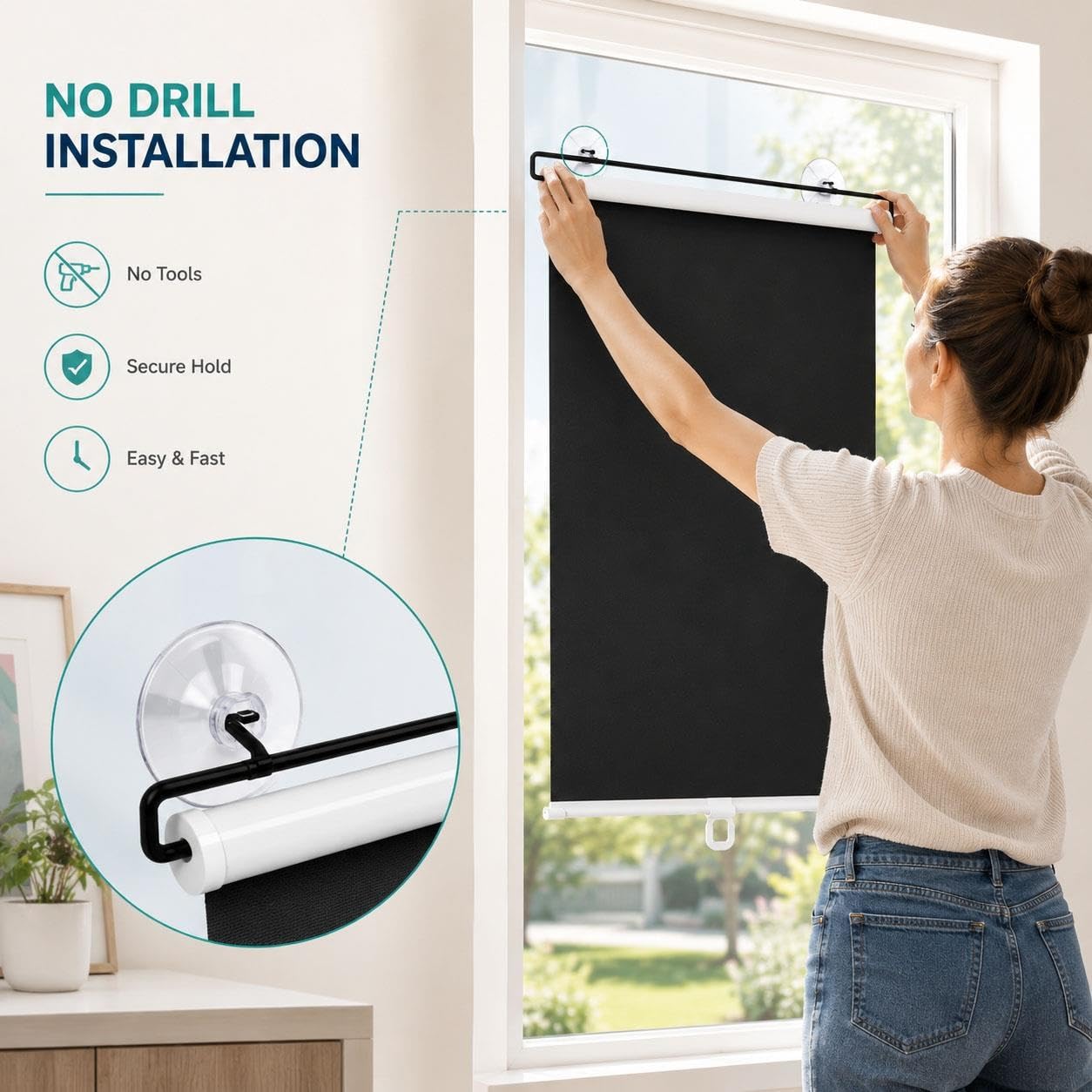Estor Opaco Sin Taladrar para Ventana, Fijación con Ventosas, Enrollable Retráctil de Bajada, Privacidad para Dormitorio, Oficina, Autocaravana, Piso, Interior, Negro(W 70 x 180 cm)