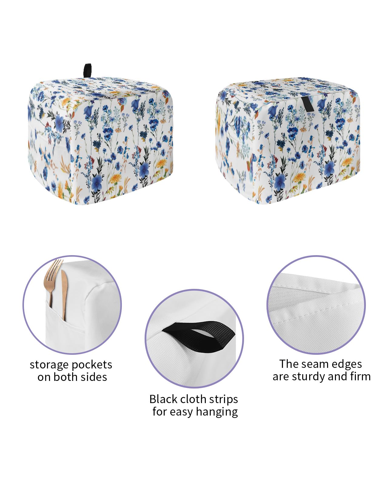 Toaster Dust Cover with Pockets,Spring Blue and Yellow Flower Floral Simple White Background Soft Washable 4 Slice Toaster Cover,Dust-proof Cover for Small Appliance Cover and Fingerprint Protection